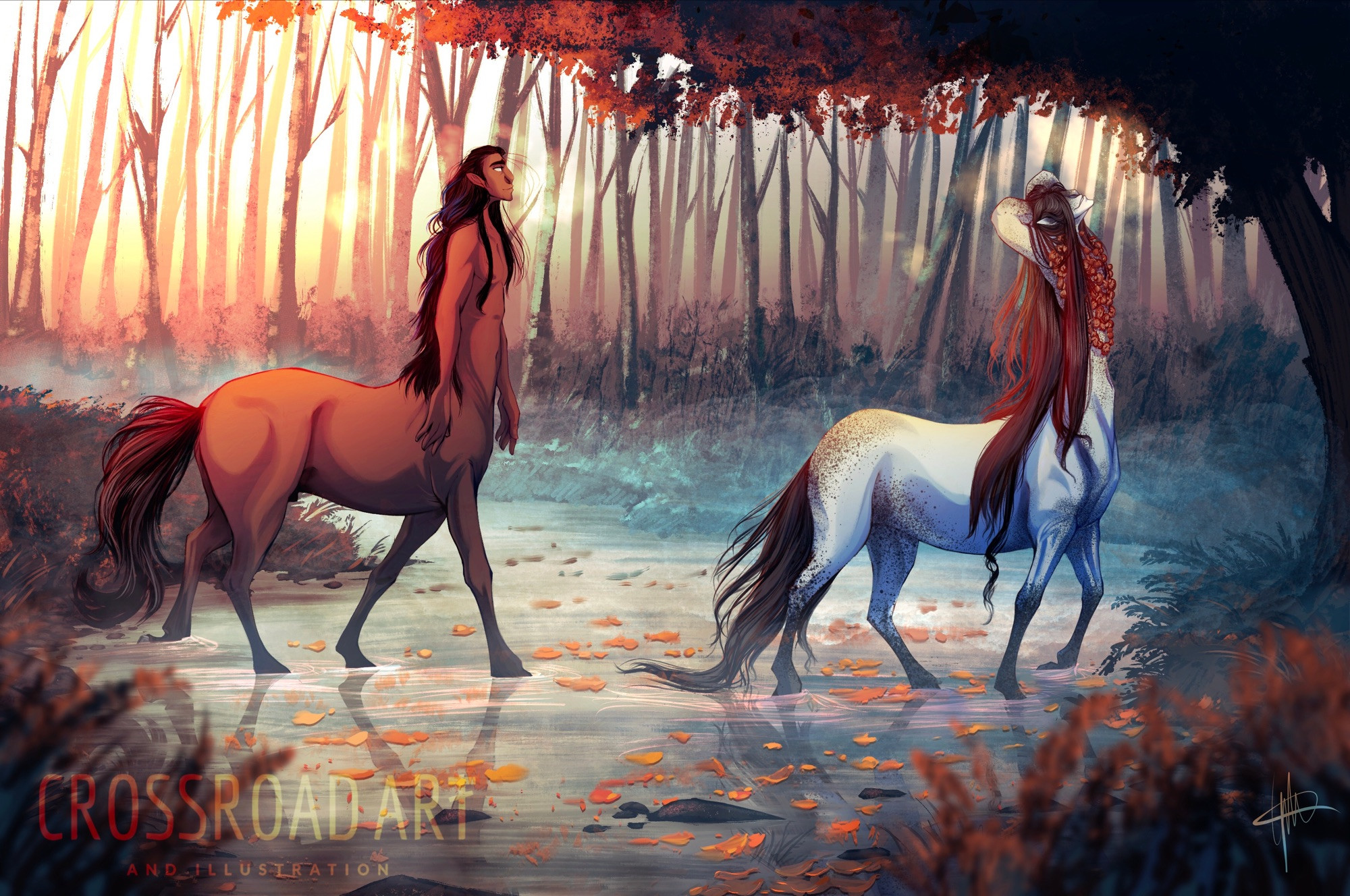 The sun breaks through a forest of silver birch trees in their autumn foliage and over a misty blue stream being crossed by two centaurs. They’re breathing a warmly lit fog into the cool air and the ripples left by their hooves are the only disturbance on the water that floats a few gold and orange leaves on its surface. The first centaur is pale grey with long black hair, well below their hip and covering their eyes. They wear a garland of mushrooms of a species that can rightly be surmise by the easy manner of the centaur, with their arms folded behind their head in a lazy stretch as they stare into the canopy rather than where they are going. The following centaur looks used to this. He is bay brown, and contently follows with his arms to his sides. 
