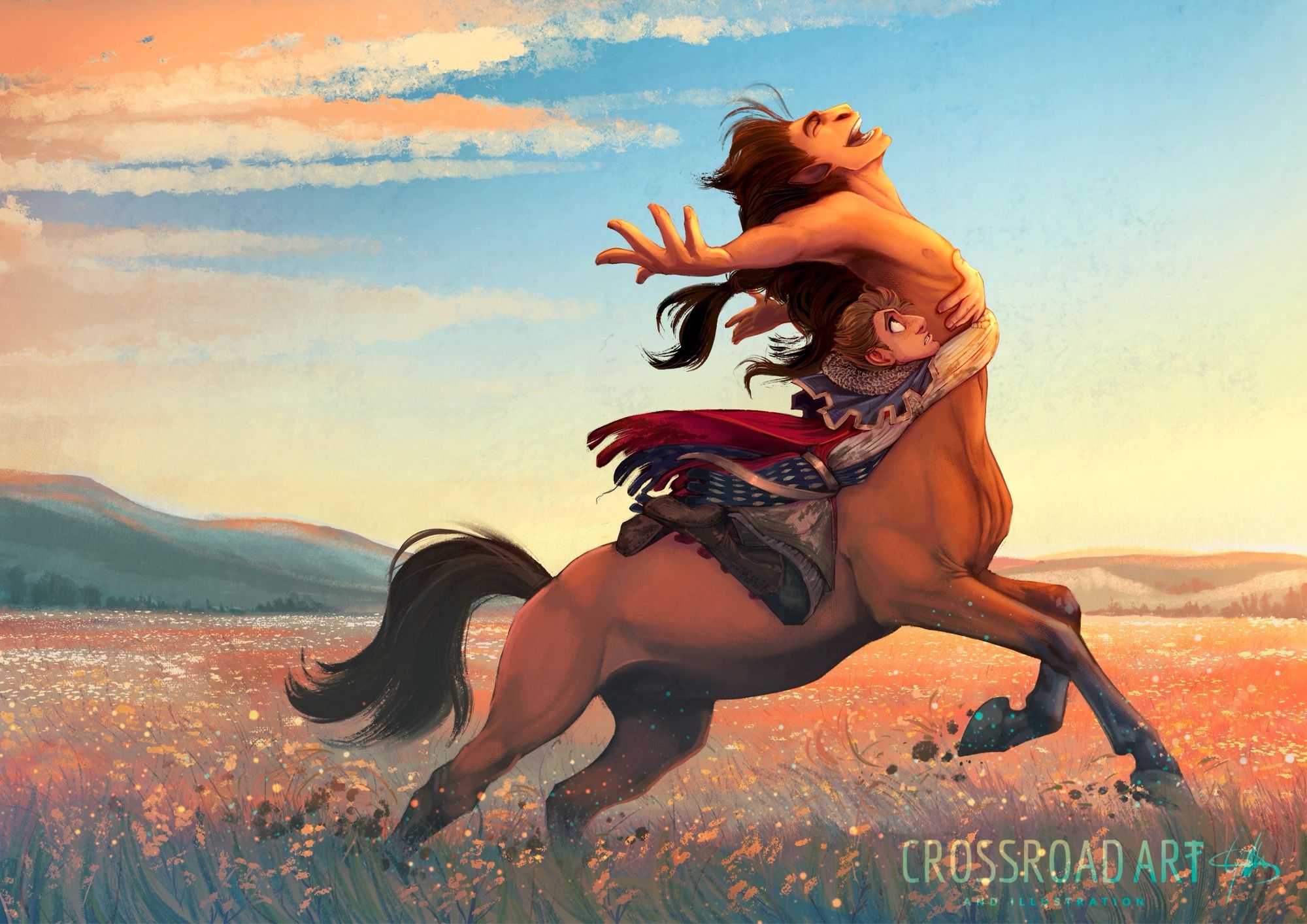 A bay centaur gleefully galloping across a flowery meadow under a blue sky. His arms are wide and his mouth is open is a joyous cry to the vast open plains. On his back a squire hugs the centaurs waist and is holding on for dear life. The squire wears a small bit of chainmail over his shoulders, a blue cowl with the hood down, a cape, a red and blue surcoat over a pale grey thinny padded gambeson, trousers and boots. He is not a good rider. He is scared of horses and knows you should never ride centaurs regardless of what the centaur says. But there is no arguing with Rowan and absolutely no stopping him when he’s like this.