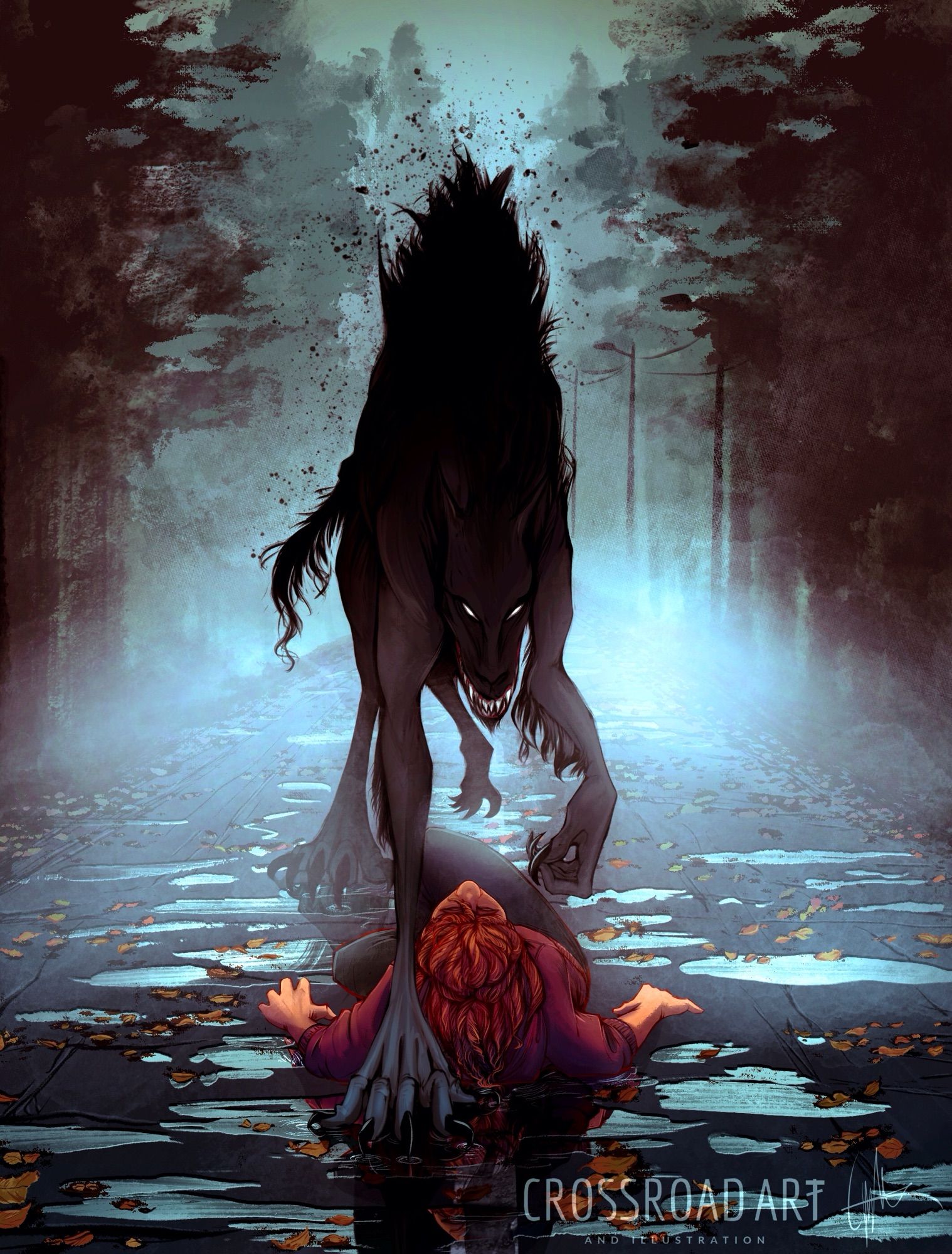 On a wet road in a dim foggy forest, a werewolf so dark it could be described as a silhouette with white eyes, looms over a young man laying on the tarmac in a frozen state of fight or flight.
The young man is in a dark pink hoodie which contrasts with the otherwise cool, dark pallet of the scene.