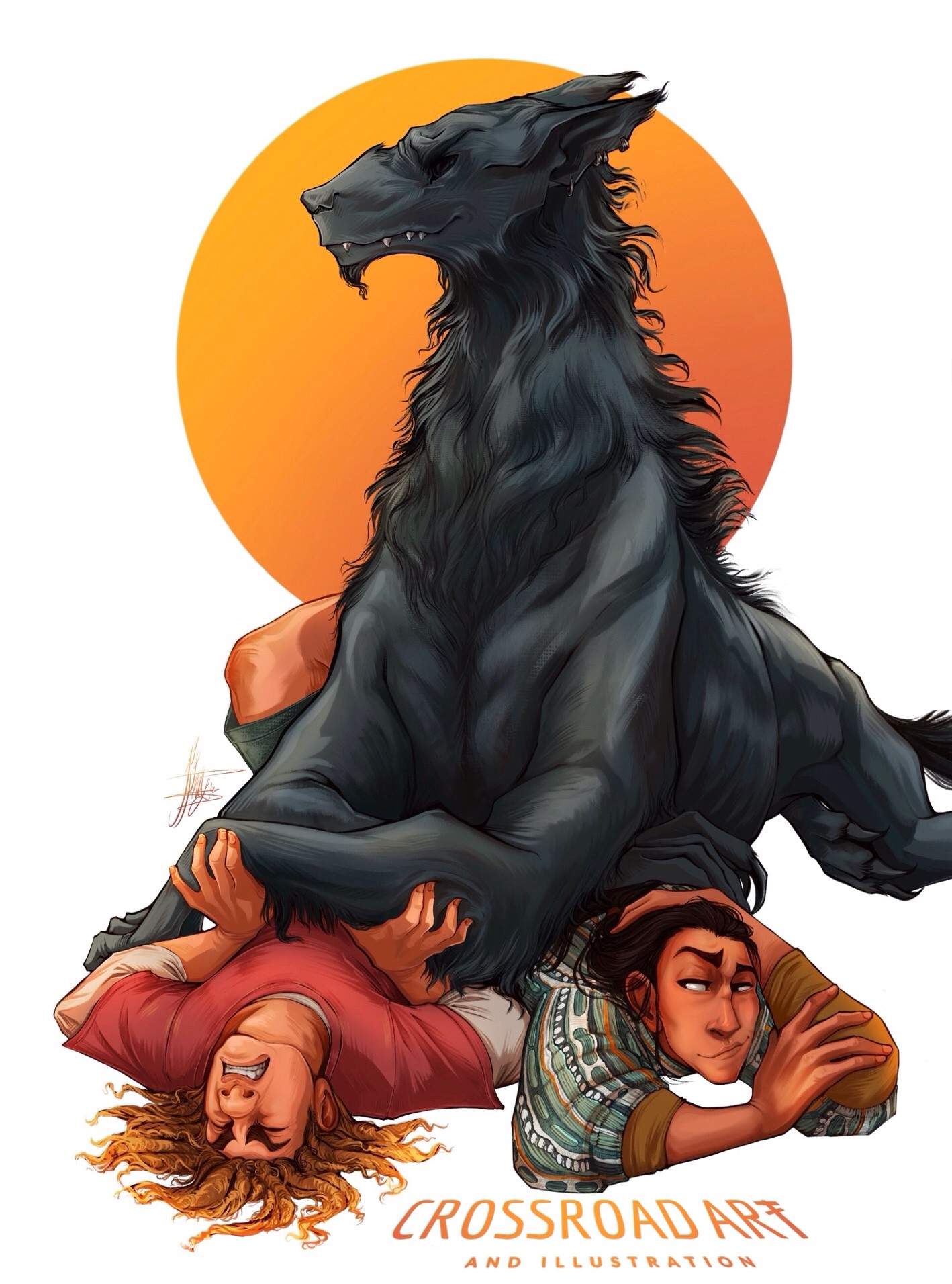 A humorous illustration of the trio from ‘The Henchmen’s Guide’, is which Sloan, shifted into a huge horse sized werewolf, reminiscent of a black wolf hound cross borzoi, lays the front half of her body over her two henchmen, thus trapping them.
Theo is enraged by this. He is a young man in a pink shirt with gold dreadlocks, who is laying on his back and trying to bench press one of Sloan muscular forearms off him. Not only is this not working, despite his teeth gritting effort, but according to Sloan’s gaze, which is directed elsewhere, and her causal smile, she doesn’t seem to be at all hindered by him.
Miles is next to Theo. He has long dark hair, a patterned aqua green grandpa sweater and a side eyes smirk directed at Theo. Miles is unbothered by Sloan lying on him, given his body language. He is both used to Sloan and amused by Theo’s rebellion to all authority.
