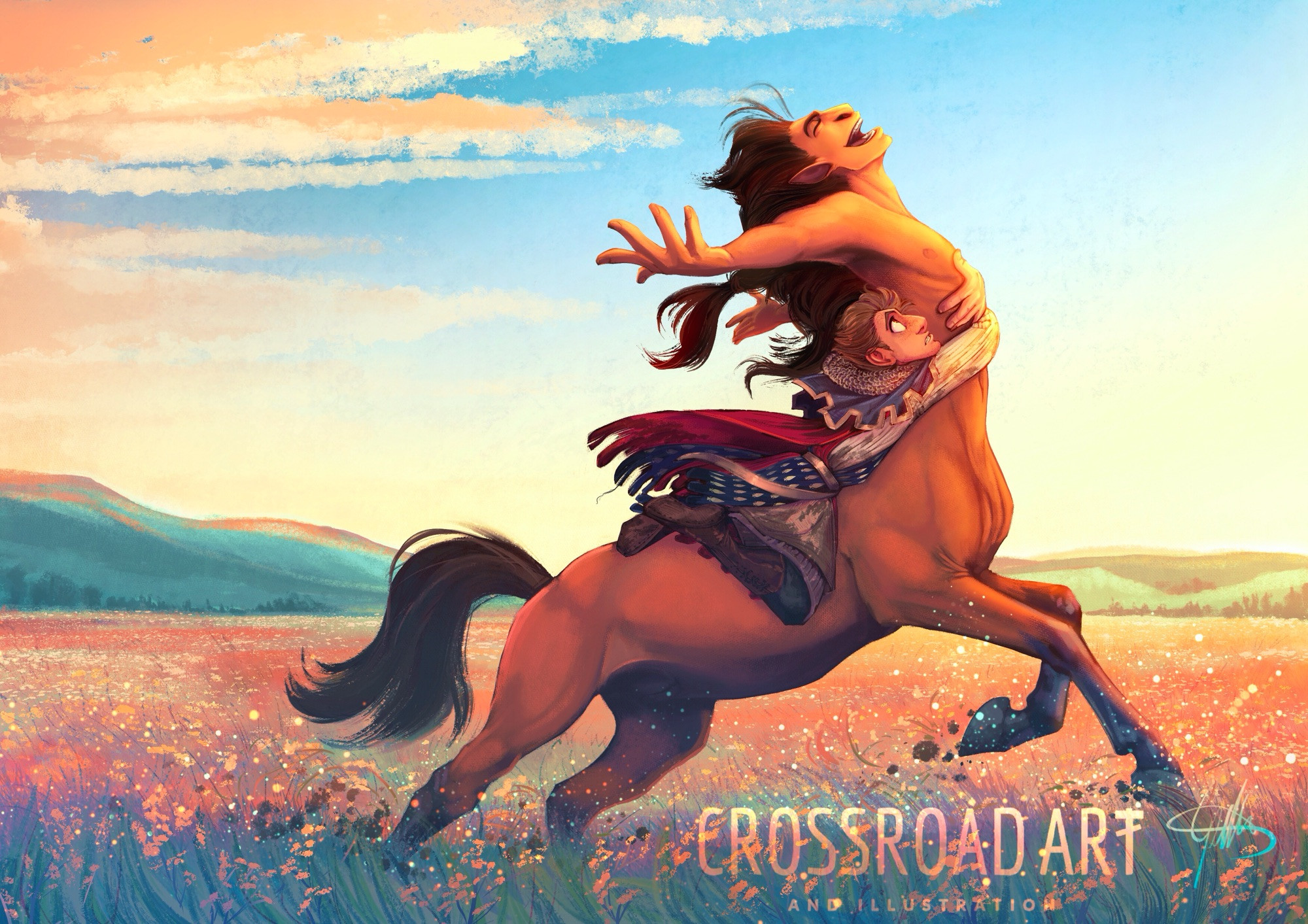 A bay centaur with the unbridled enthusiasm of an uncle, gleefully galloping across a flowery meadow under a blue sky. His arms are wide and his mouth is open is a joyous cry to the vast open plains. On his back a squire hugs the centaurs waist and is holding on for dear life. The squire wears a small bit of chainmail over his shoulders, a blue cowl with the hood down, a cape, a red and blue surcoat over a pale grey thinny padded gambeson, trousers and boots. He is not a good rider. He is scared of horses and knows you should never ride centaurs regardless of what the centaur says. But there is no arguing with Rowan and absolutely no stopping him when he’s like this.