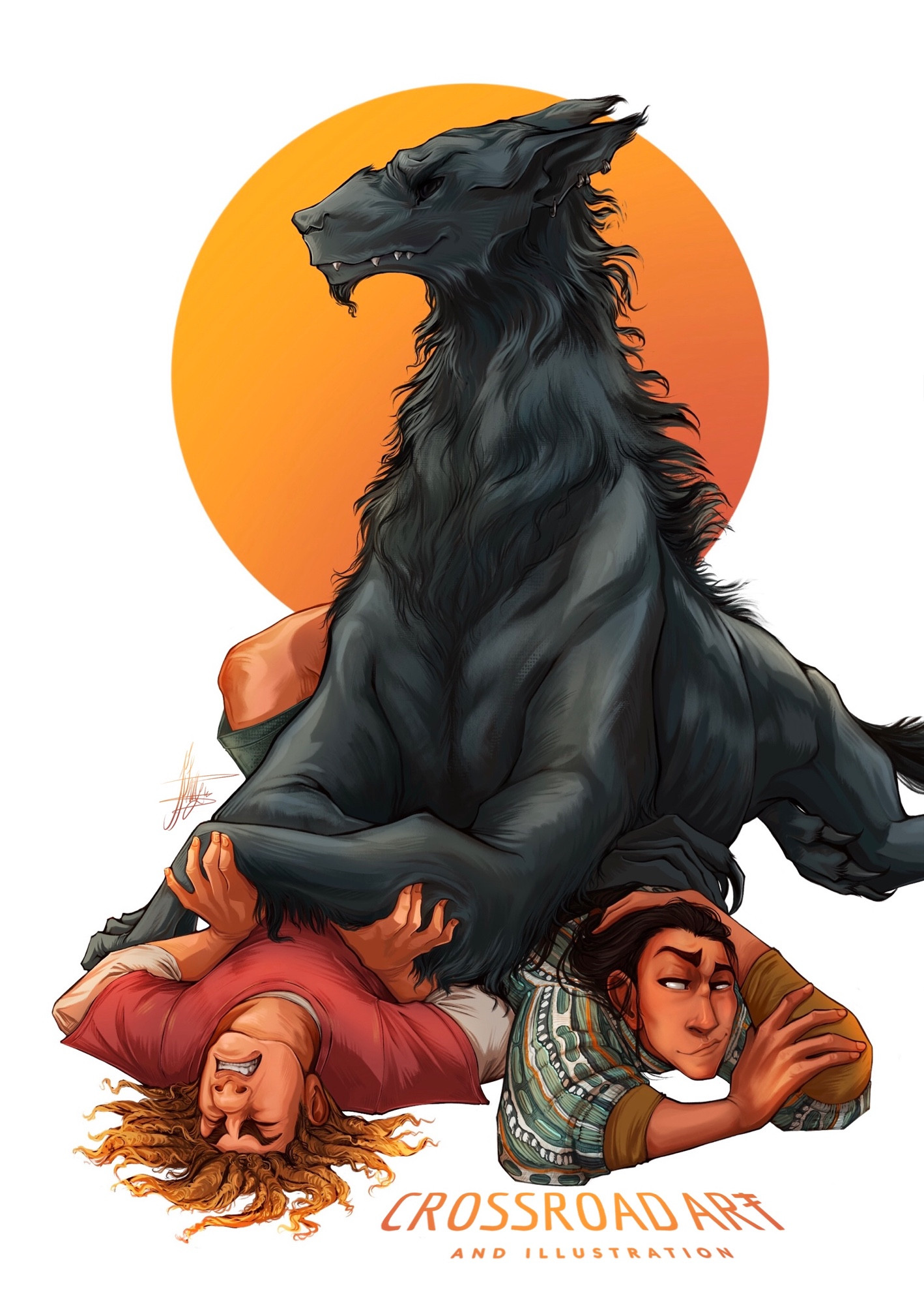 A humorous illustration of the trio from ‘The Henchmen’s Guide’, is which Sloan, shifted into a huge horse sized werewolf, reminiscent of a black wolf hound cross borzoi, lays the front half of her body over her two henchmen, thus trapping them.
Theo is enraged by this. He is a young man in a pink shirt with gold dreadlocks, who is laying on his back and trying to bench press one of Sloan muscular forearms off him. Not only is this not working, despite his teeth gritting effort, but according to Sloan’s gaze, which is directed elsewhere, and her causal smile, she doesn’t seem to be at all hindered by him.
Miles is next to Theo. He has long dark hair, a patterned aqua green grandpa sweater and a side eyes smirk directed at Theo. Miles is unbothered by Sloan lying on him, given his body language. He is both used to Sloan and amused by Theo’s rebellion to all authority.