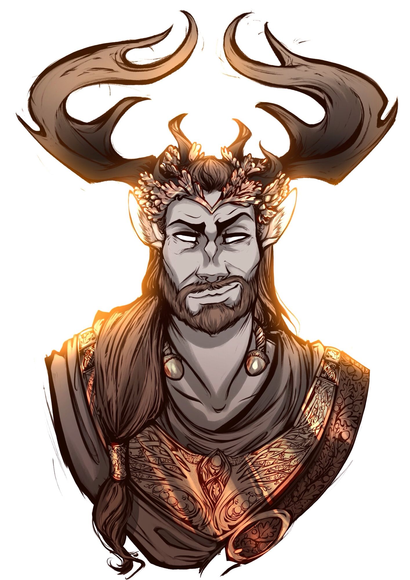 A head and shoulders sketch of the Oak king: a large, summery, bearded god with huge antlers, the ears of a deer and a gold crown of oak leaves. He wears a cloak loosely around his shoulders which is secured by the weight of a wide gold neck piece featuring the tree of life. He also wears a belt over his left shoulder, embossed with oak leaves and has more gold worn higher up on his muscular neck, in the form of a torc with two acorns as the ends. It is only just visible under his long hair that falls thickly over his right shoulder and is secured on its end by a metal tube, once more made of engraved gold. His white eyes are almost more intelligent than he is often prone to act on, but his raised eyebrow and smirking mouth hint at a more honest representation of this gods flirtatious, smug and impulsive nature.