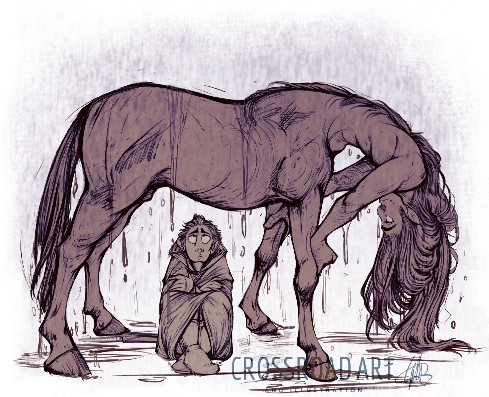 It is pissing with rain, and a young 15 year old squire named Arley has taken shelter from the downpour under the equine body of his strange new centaur companion, Rowan. He hugs his cape around himself and sits in a tight ball on the ground, looking up at the rain dripping off Rowans horsey belly and probably asking himself a lot of questions about the choices he has made in his life that have lead to this point. Rowan meanwhile is very amused, with two hands leant against his front knees he bends over looks down under him, causing his hair to cascade down onto the floor as he smiles at the young lad.