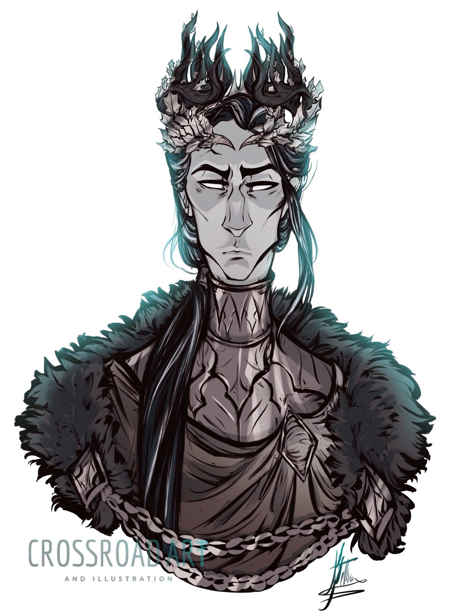 A head and shoulders sketch of The Holly King: a stoic, thin, wintery man with sharp antlers, a crown of silver holly leaves and a cold bored stare. His black hair is salt and peppered and falls in a long straight pony tail over his shoulder. His shoulders are also adorned with a wrap which is secured with a silver diamond, on top of which a black fur cloak sits, secured with holly brooches and silver chains. His posture is stiff and tall, an attribute aided by his metal neck armour, circling his shoulders from the collar bone to the neck which it corsets around in a firm fit. It is engraved with spikes of holly leaves.