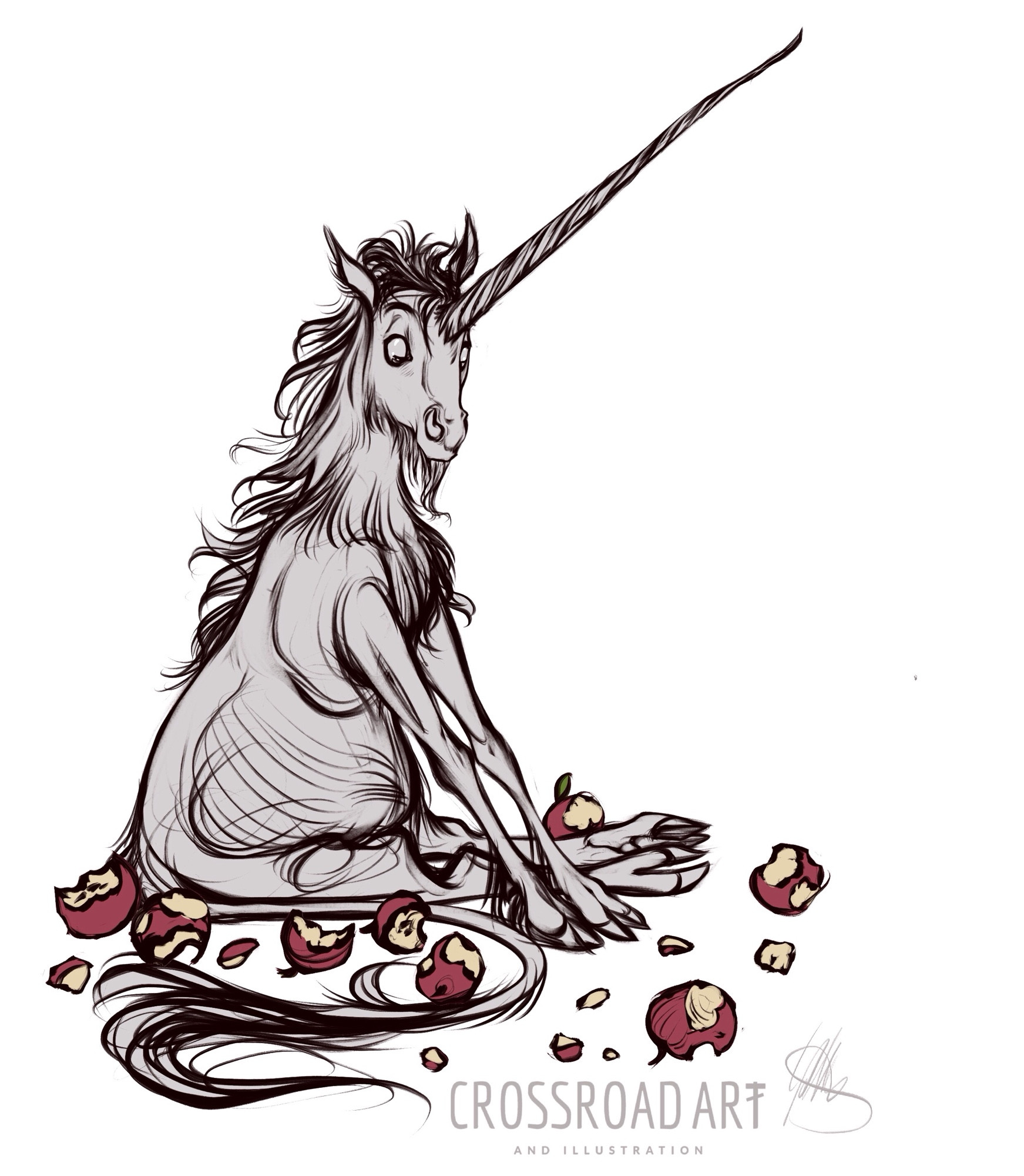 A sketch of a small forest unicorn with a horn as long as its body, that has eaten too much. It sits on its hind quarters, with a full belly, looking at all the red apples around it, with chunks bitten out on them; perhaps wondering if it has made a mistake or if it can manage another bite.
