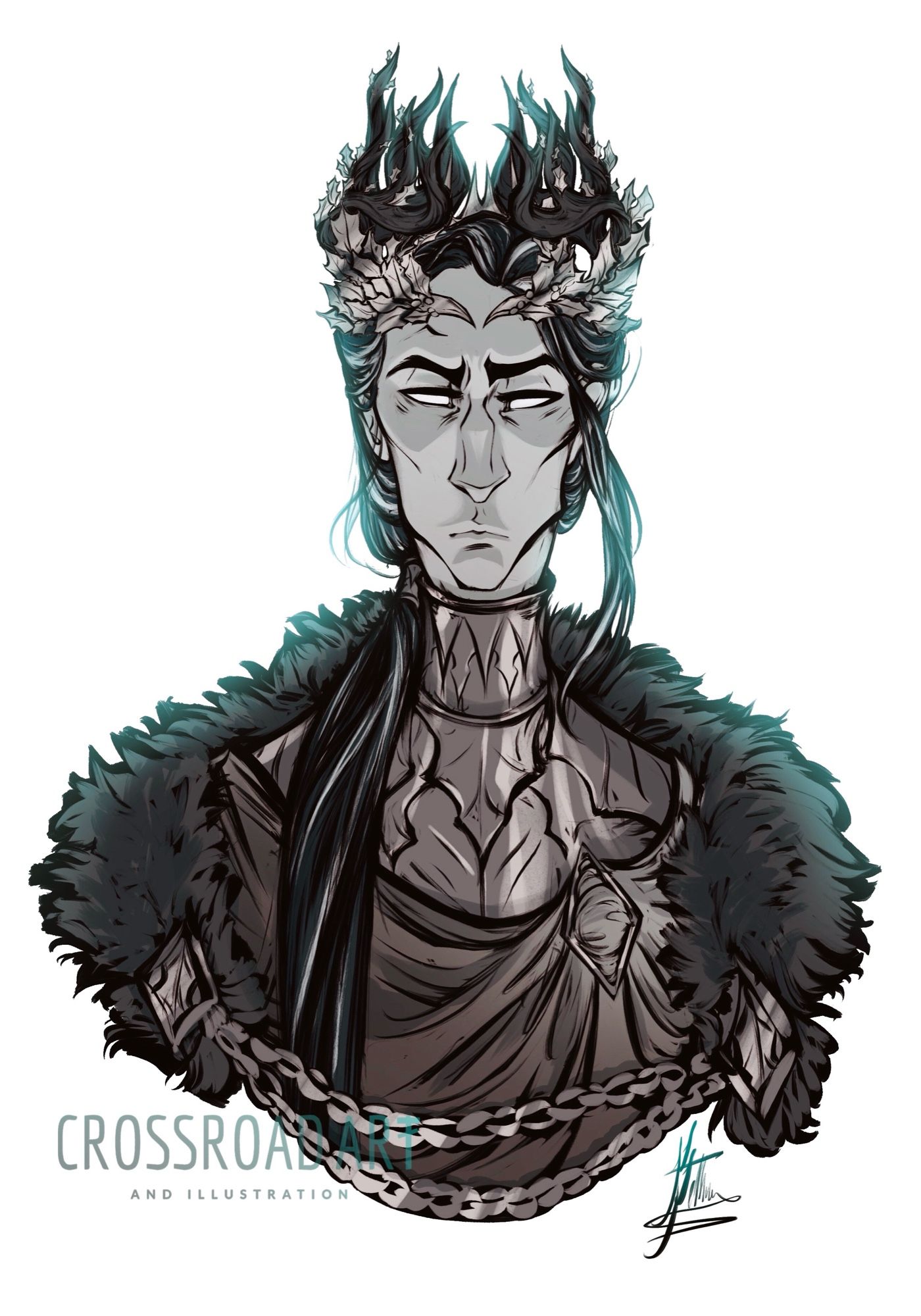 A head and shoulders sketch of The Holly King: a stoic, thin, wintery man with sharp antlers, a crown of silver holly leaves and a cold bored stare. His black hair is salt and peppered and falls in a long straight pony tail over his shoulder. His shoulders are also adorned with a wrap which is secured with a silver diamond, on top of which a black fur cloak sits, secured with holly brooches and silver chains. His posture is stiff and tall, an attribute aided by his metal neck armour, circling his shoulders from the collar bone to the neck which it corsets around in a firm fit. It is engraved with spikes of holly leaves.