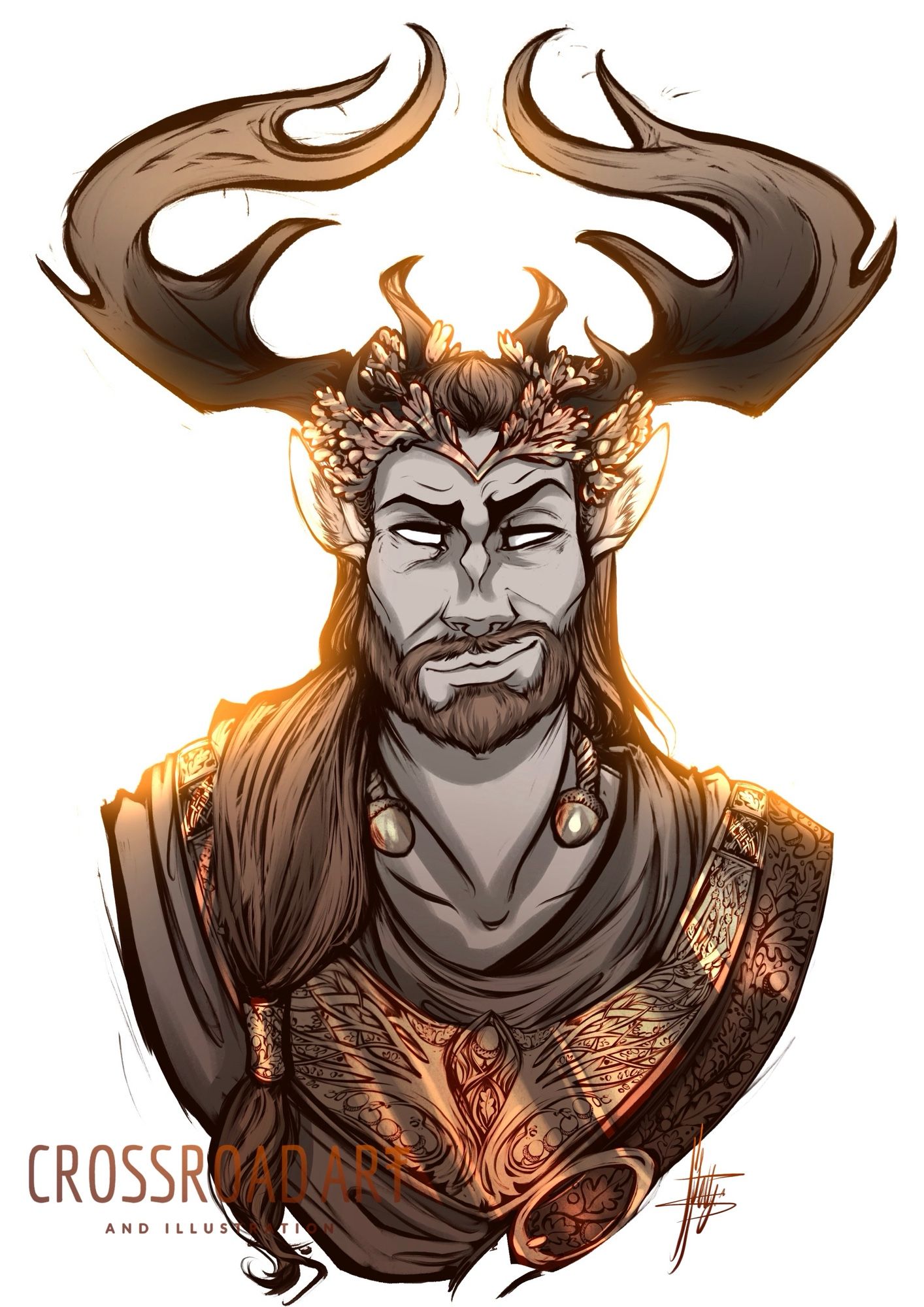 A head and shoulders sketch of the Oak king: a large, summery, bearded god with huge antlers, the ears of a deer and a gold crown of oak leaves. He wears a cloak loosely around his shoulders which is secured by the weight of a wide gold neck piece featuring the tree of life. He also wears a belt over his left shoulder, embossed with oak leaves and has more gold worn higher up on his muscular neck, in the form of a torc with two acorns as the ends. It is only just visible under his long hair that falls thickly over his right shoulder and is secured on its end by a metal tube, once more made of engraved gold. His white eyes are almost more intelligent than he is often prone to act on, but his raised eyebrow and smirking mouth hint at a more honest representation of this gods flirtatious, smug and impulsive nature.