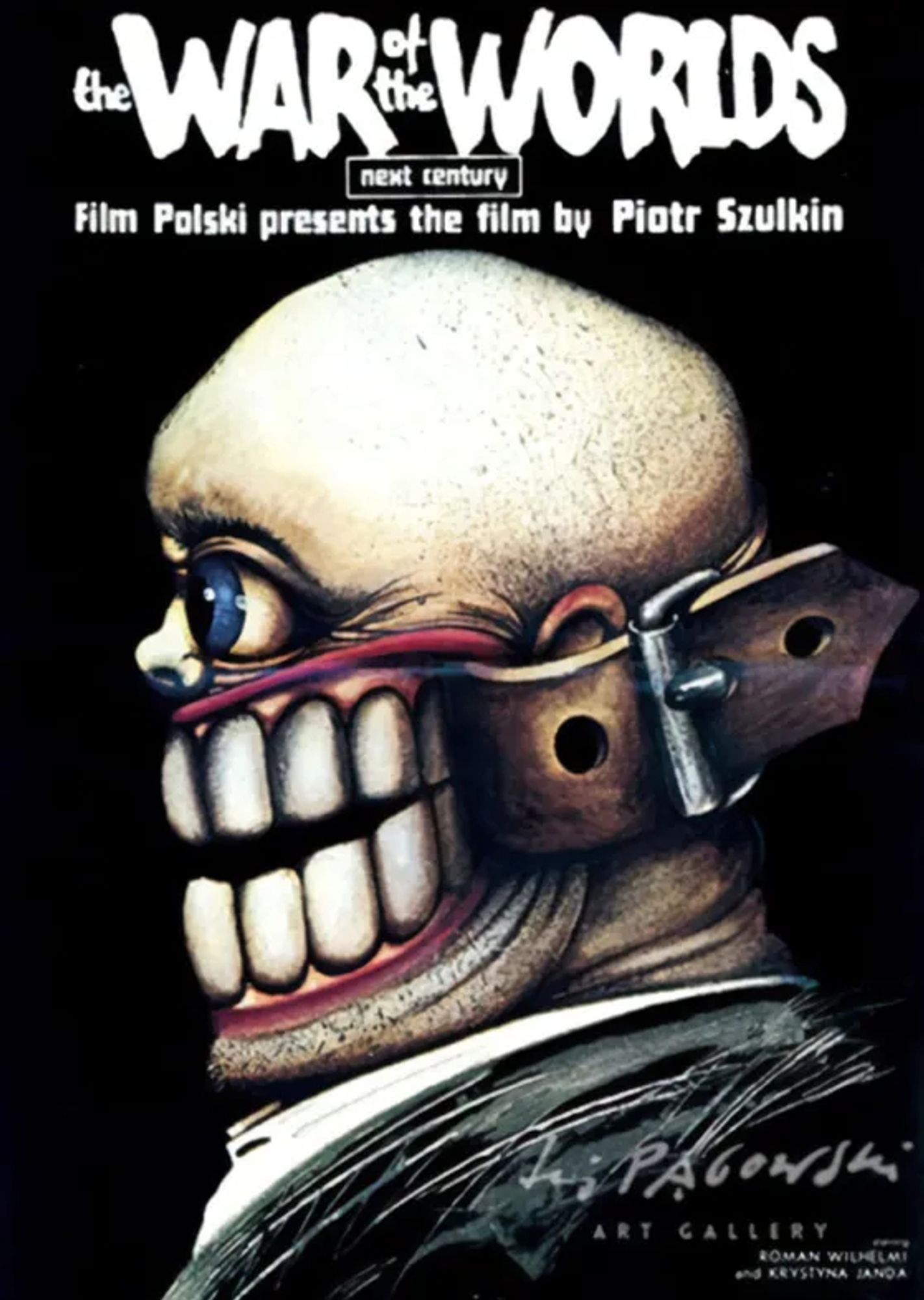 Cartaz do filme GUERRA DOS MUNDOS: O PRÓXIMO SÉCULO retratando a ilsutração cartunizada de uma pessoa careca, com uma expressão triste nos olhos, mas com um sorriso enorma forçado por uma cinta de couro ao redor da cabeça.