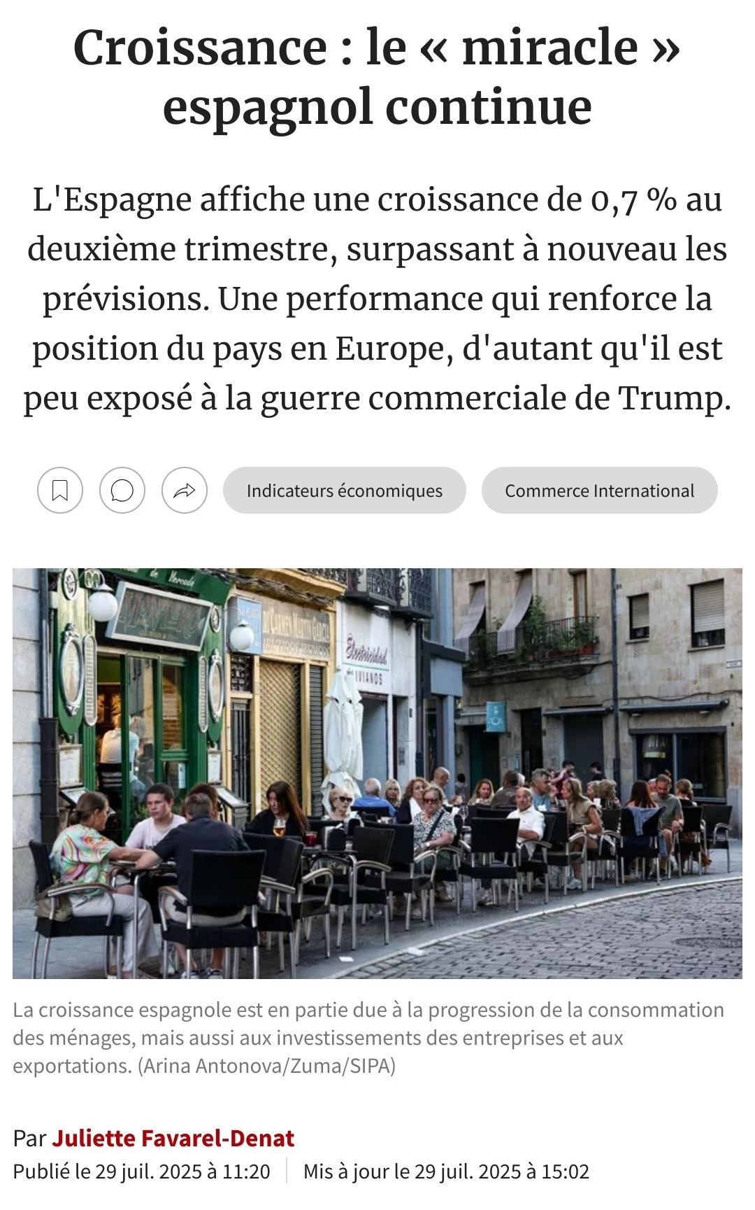 Article de presse titrant : croissance le miracle espagnol continue