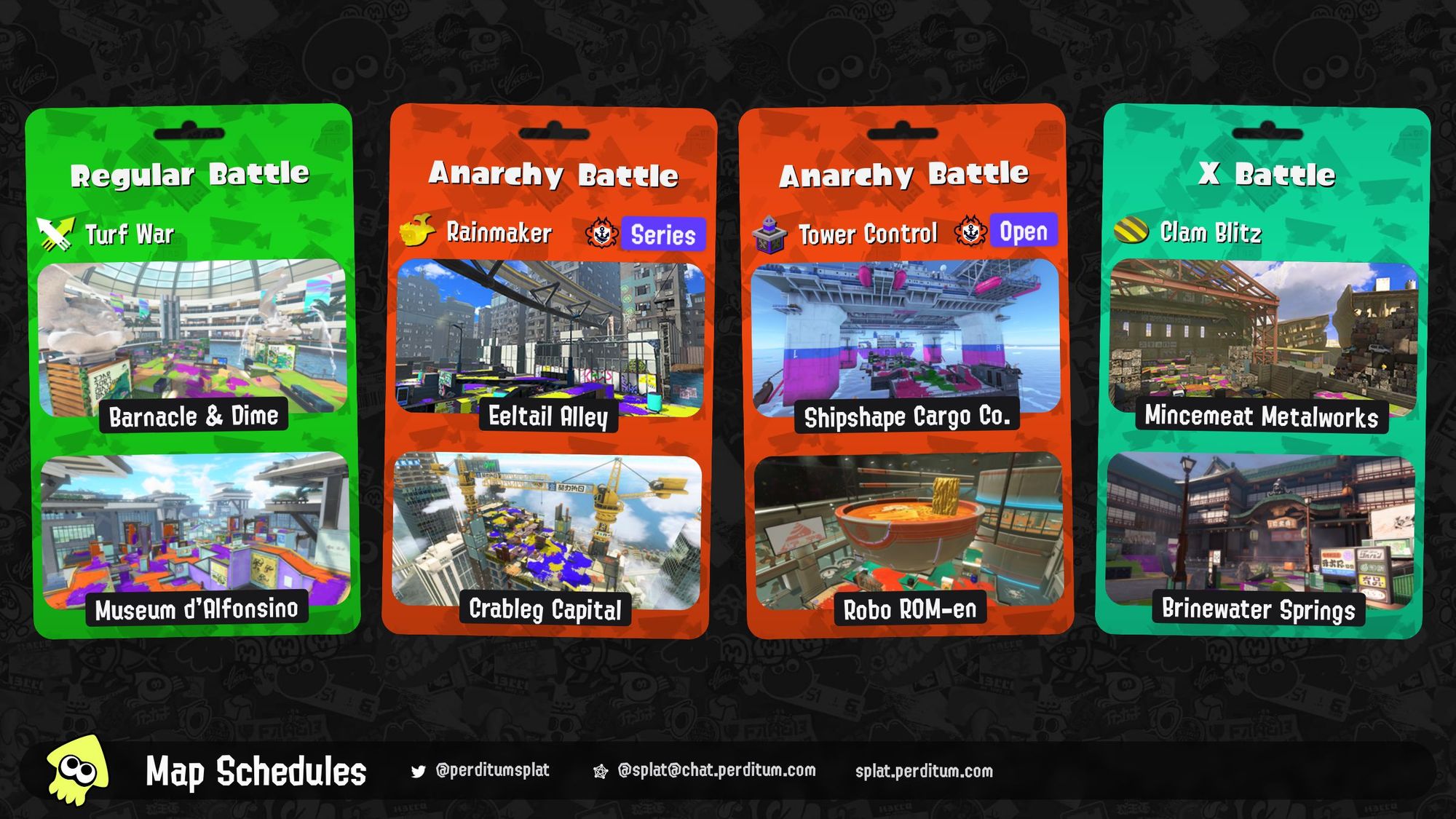 Splatoon 3 map rotation:

Regular Battle: Turf War on Barnacle & Dime and Museum d'Alfonsino
Anarchy Battle (Series): Rainmaker on Eeltail Alley and Crableg Capital
Anarchy Battle (Open): Tower Control on Shipshape Cargo Co. and Robo ROM-en
X Battle: Clam Blitz on Mincemeat Metalworks and Brinewater Springs