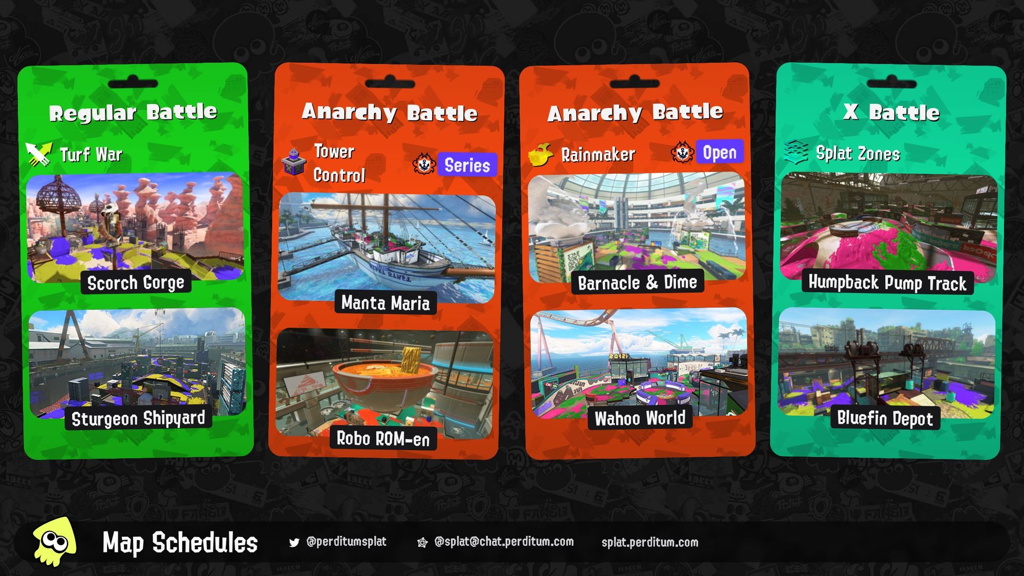 Splatoon 3 map rotation:

Regular Battle: Turf War on Scorch Gorge and Sturgeon Shipyard
Anarchy Battle (Series): Tower Control on Manta Maria and Robo ROM-en
Anarchy Battle (Open): Rainmaker on Barnacle & Dime and Wahoo World
X Battle: Splat Zones on Humpback Pump Track and Bluefin Depot