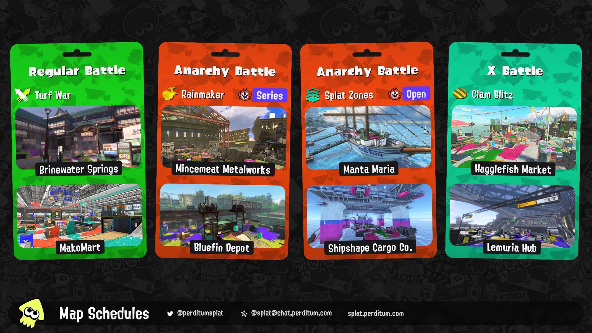 Splatoon 3 map rotation:

Regular Battle: Turf War on Brinewater Springs and MakoMart
Anarchy Battle (Series): Rainmaker on Mincemeat Metalworks and Bluefin Depot
Anarchy Battle (Open): Splat Zones on Manta Maria and Shipshape Cargo Co.
X Battle: Clam Blitz on Hagglefish Market and Lemuria Hub