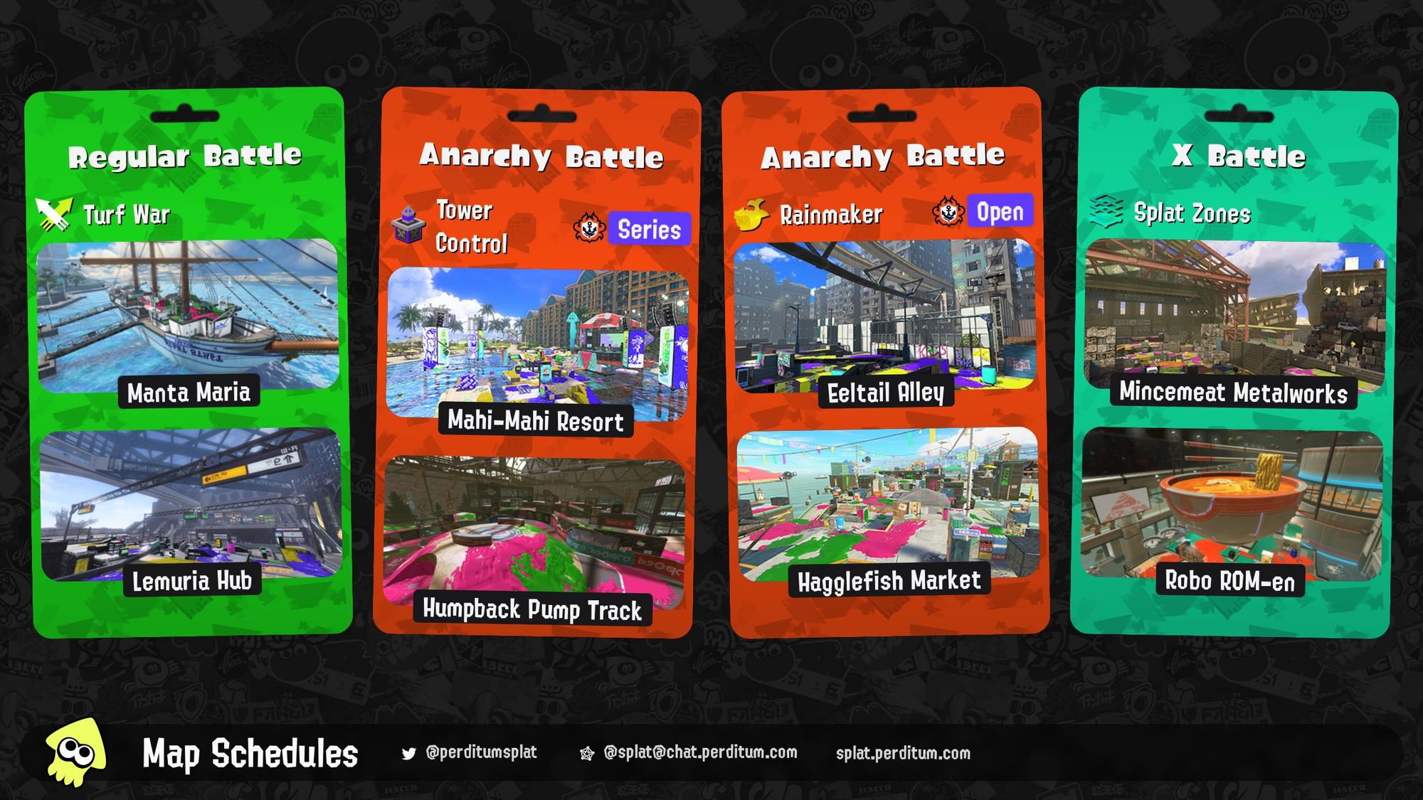 Splatoon 3 map rotation:

Regular Battle: Turf War on Manta Maria and Lemuria Hub
Anarchy Battle (Series): Tower Control on Mahi-Mahi Resort and Humpback Pump Track
Anarchy Battle (Open): Rainmaker on Eeltail Alley and Hagglefish Market
X Battle: Splat Zones on Mincemeat Metalworks and Robo ROM-en