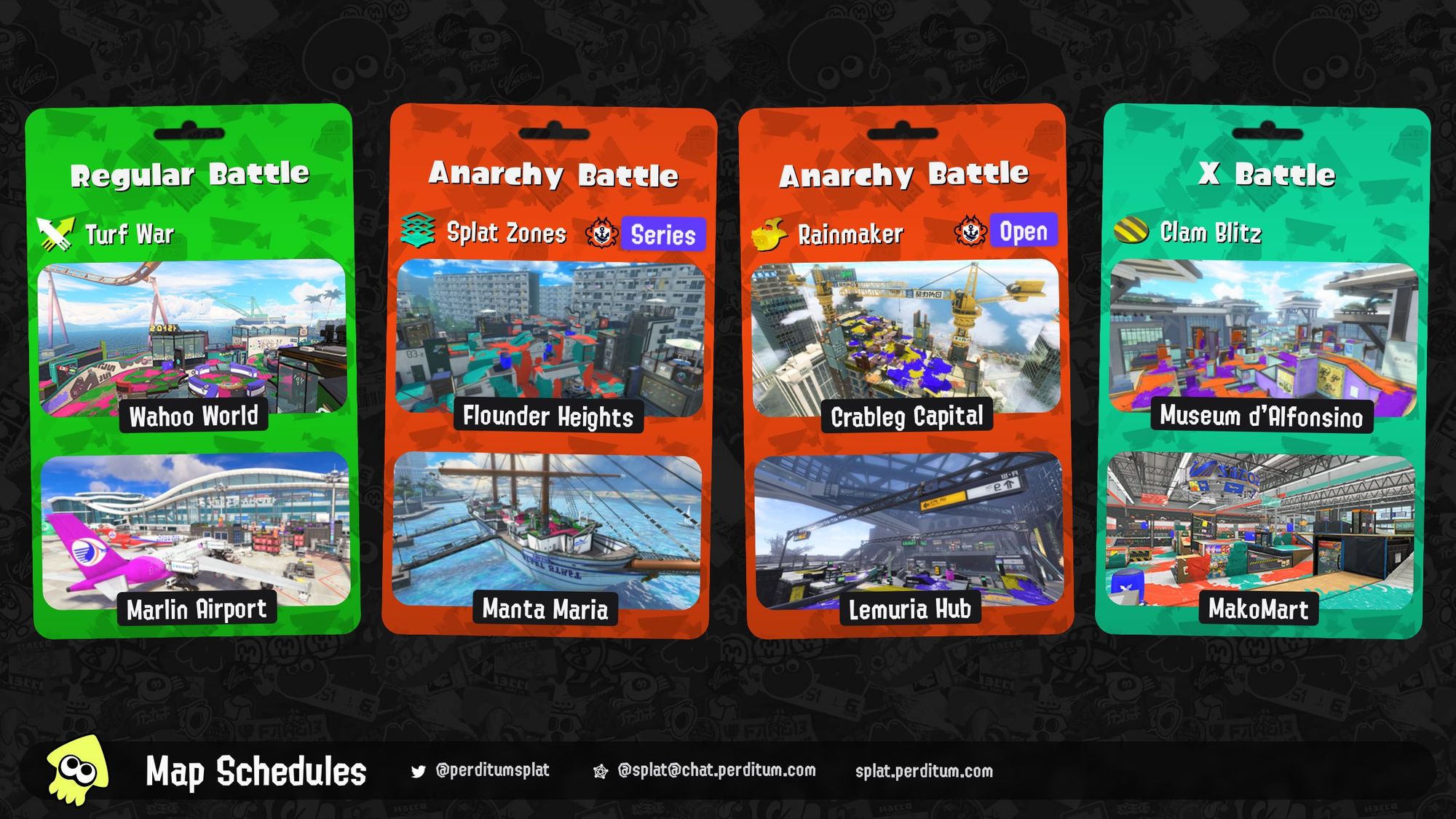 Splatoon 3 map rotation:

Regular Battle: Turf War on Wahoo World and Marlin Airport
Anarchy Battle (Series): Splat Zones on Flounder Heights and Manta Maria
Anarchy Battle (Open): Rainmaker on Crableg Capital and Lemuria Hub
X Battle: Clam Blitz on Museum d'Alfonsino and MakoMart