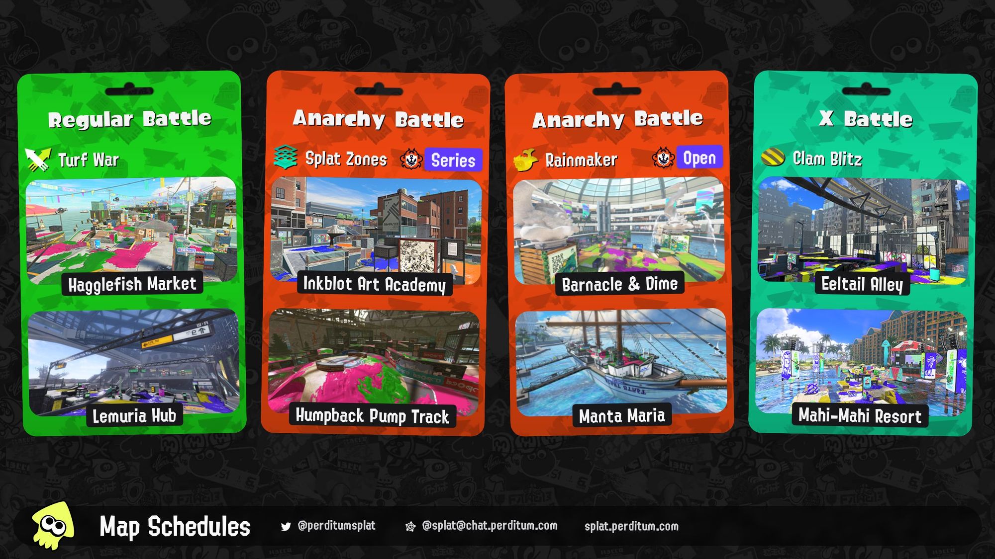 Splatoon 3 map rotation:

Regular Battle: Turf War on Hagglefish Market and Lemuria Hub
Anarchy Battle (Series): Splat Zones on Inkblot Art Academy and Humpback Pump Track
Anarchy Battle (Open): Rainmaker on Barnacle & Dime and Manta Maria
X Battle: Clam Blitz on Eeltail Alley and Mahi-Mahi Resort