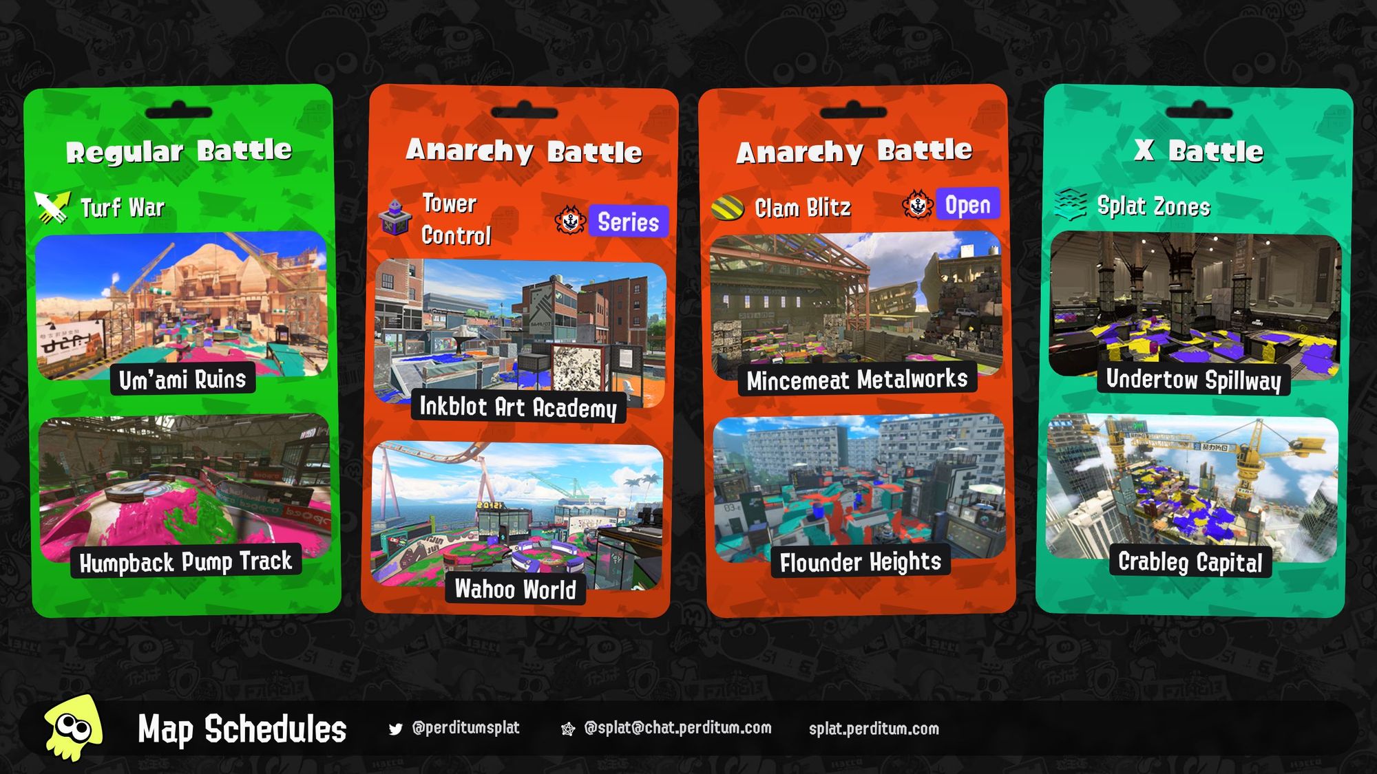 Splatoon 3 map rotation:

Regular Battle: Turf War on Um'ami Ruins and Humpback Pump Track
Anarchy Battle (Series): Tower Control on Inkblot Art Academy and Wahoo World
Anarchy Battle (Open): Clam Blitz on Mincemeat Metalworks and Flounder Heights
X Battle: Splat Zones on Undertow Spillway and Crableg Capital