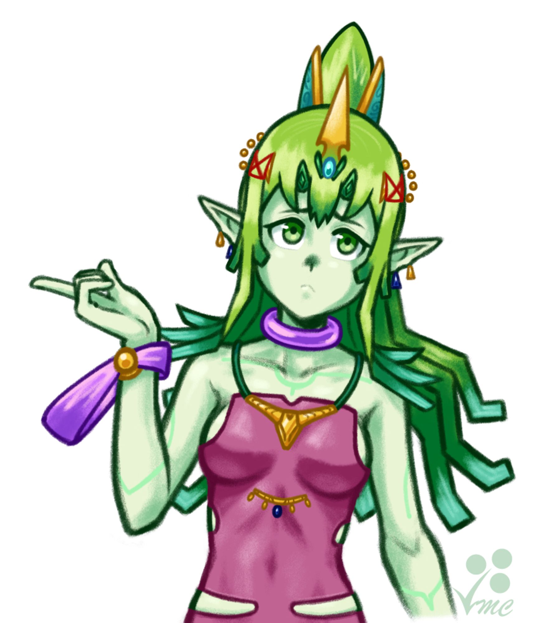 Art commission of a Xenoblade x Fire Emblem crossover version of Tiki. She is looking off in the distance as if confused.