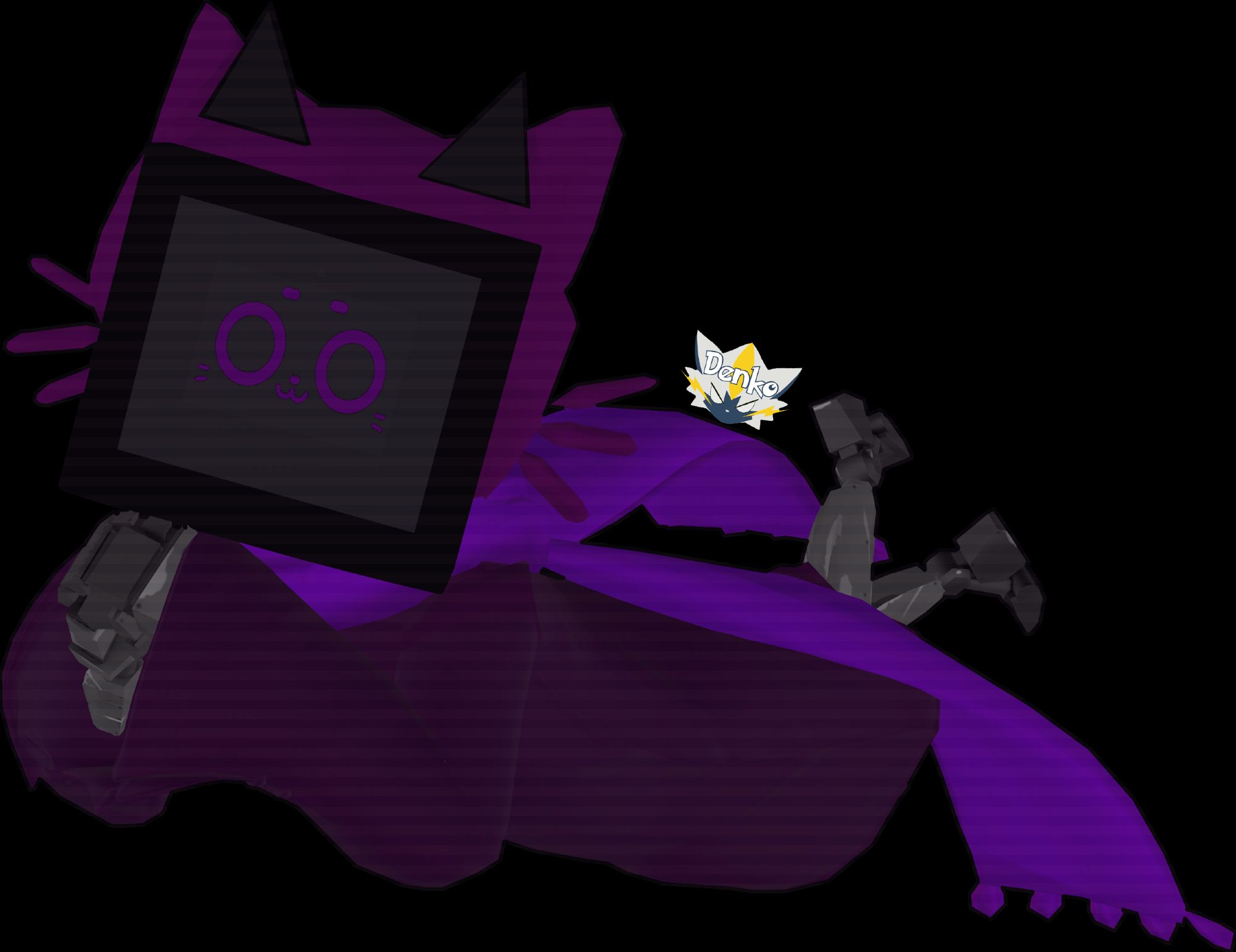 A transparent render of a version of the World Machine with a TV head and a purple kerfuś robot face, along with robot arms and legs. They're laying on their stomach, kicking their feet up, and looking at the camera.