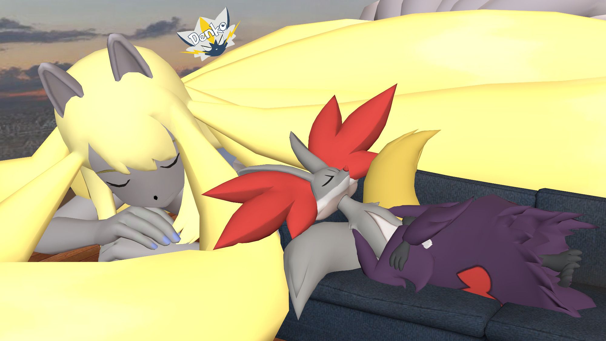 Mega Evolved Cynthia and Celphix, both sleeping. Much of Mega Cynthia is covered by giant tail-like hair, but she has gray skin and ears in addition to blonde hair. She is resting next to a couch that Celphix is laying on.