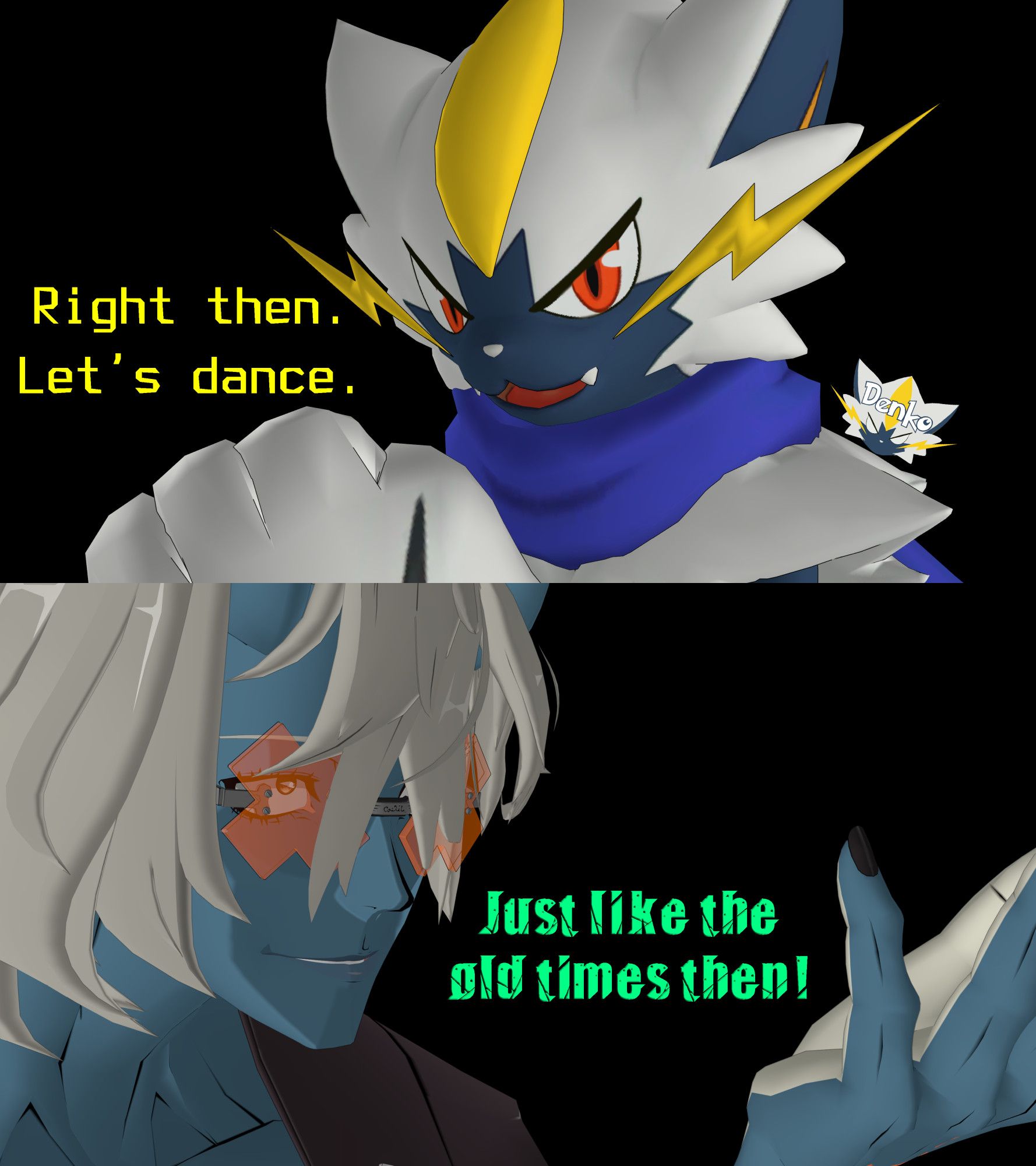 A two panel vertical render set in a void. The top panel shows a closeup of a shiny Zeraora - The Writer - wearing a blue scarf and pumping his fist out in front of him, red eyes looking into the camera. Yellow text next to him reads, "Right then, Let's dance," as if he's saying it.

The bottom panel shows a closeup of Happy Chaos - a blue-skinned male with messy white hair and orange-tinted cross glasses - gesturing in front and looking forward. Teal text in the Guilty Gear menu font reads "Just like old times then," as if he's saying it.