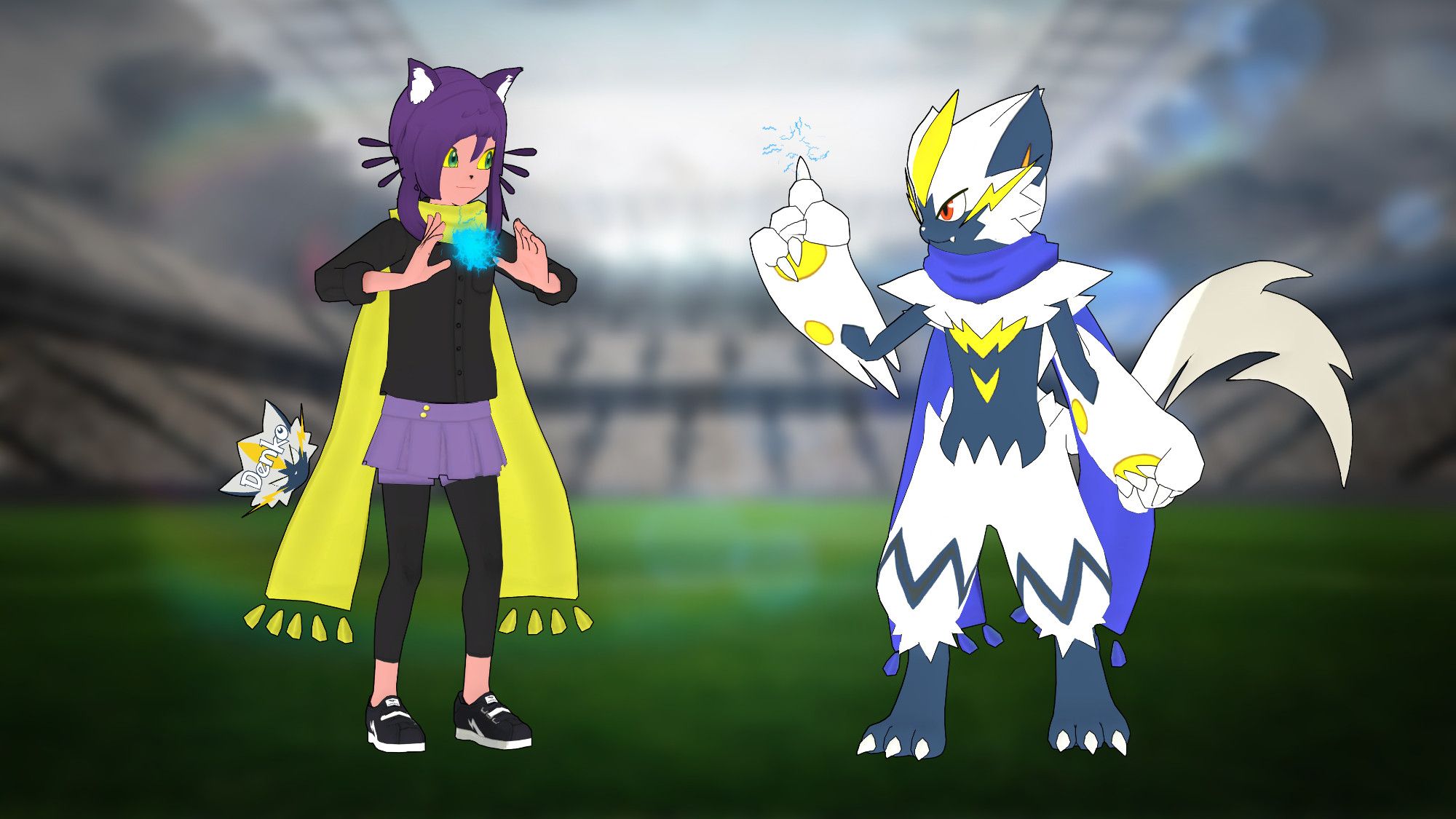 adult niko and denko both wielding blue electricity. niko is holding an orb near their chest and denko has sparks come out of a raised finger. they're looking at each other, as if about to spar.

the background is a blurred photo of a soccer stadium