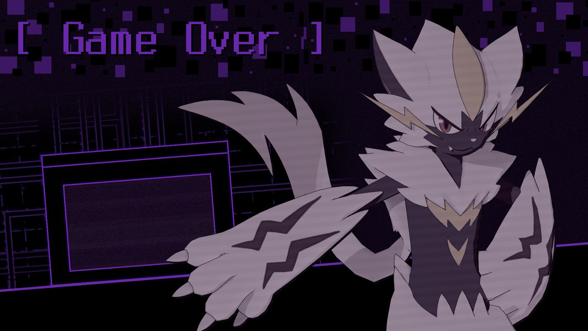 An All Out Attack screen from Persona 5 featuring Emma, a shiny Zeraora World Machine. The background depicts the Encounter screen and background fading into a dark purple. The top is a row of purple squares with text overlayed reading "[ Game Over]."

Emma is glaring at the camera and bracing a fist on their waist, with their other arm outstretched over the Encounter screen in the background.