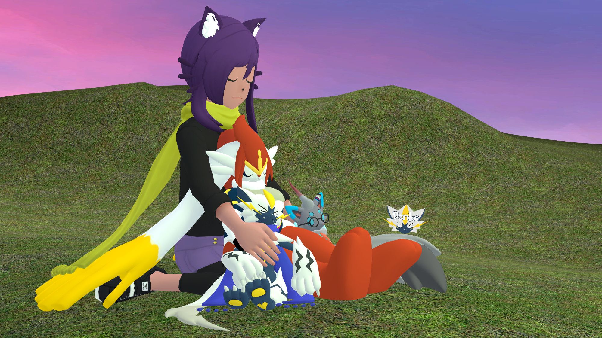 adult niko, rei, denko, and jake resting in a field at dusk. niko is sat upright, rei is sitting in front of them, and denko and jake are resting on rei's thighs.