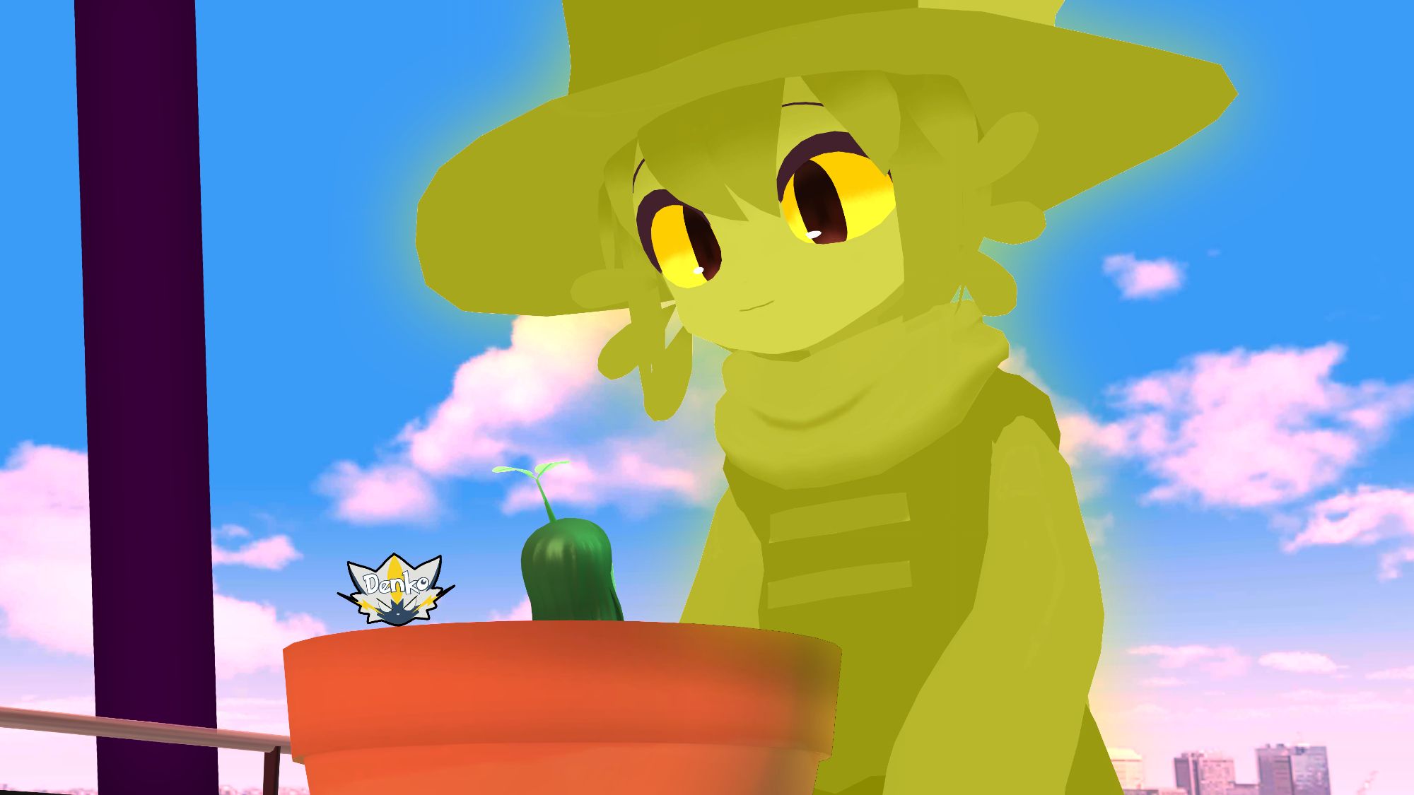 Sol, a golden version of Niko, crouched down and smiling at a young Renata in a pot. The refuge is under daylight, with the Spire in the background.