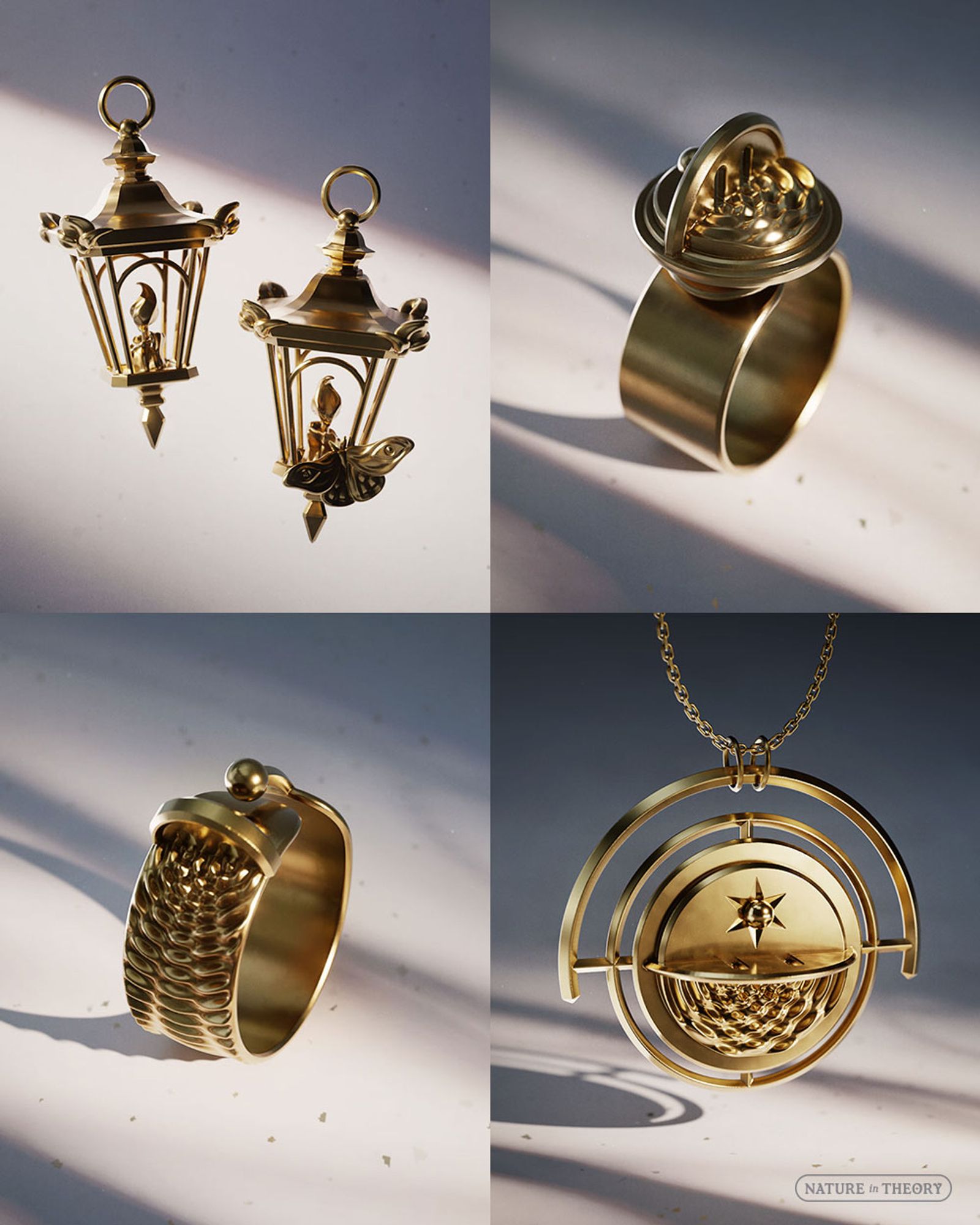 Physics jewelry - 3D renders of brass pieces: lanterns with a moth; rings and pendant with a wave-particle duality / double-slit experiment design. Original designs © Olena Shmahalo / Nature in Theory

#3D #science #sciart #physics