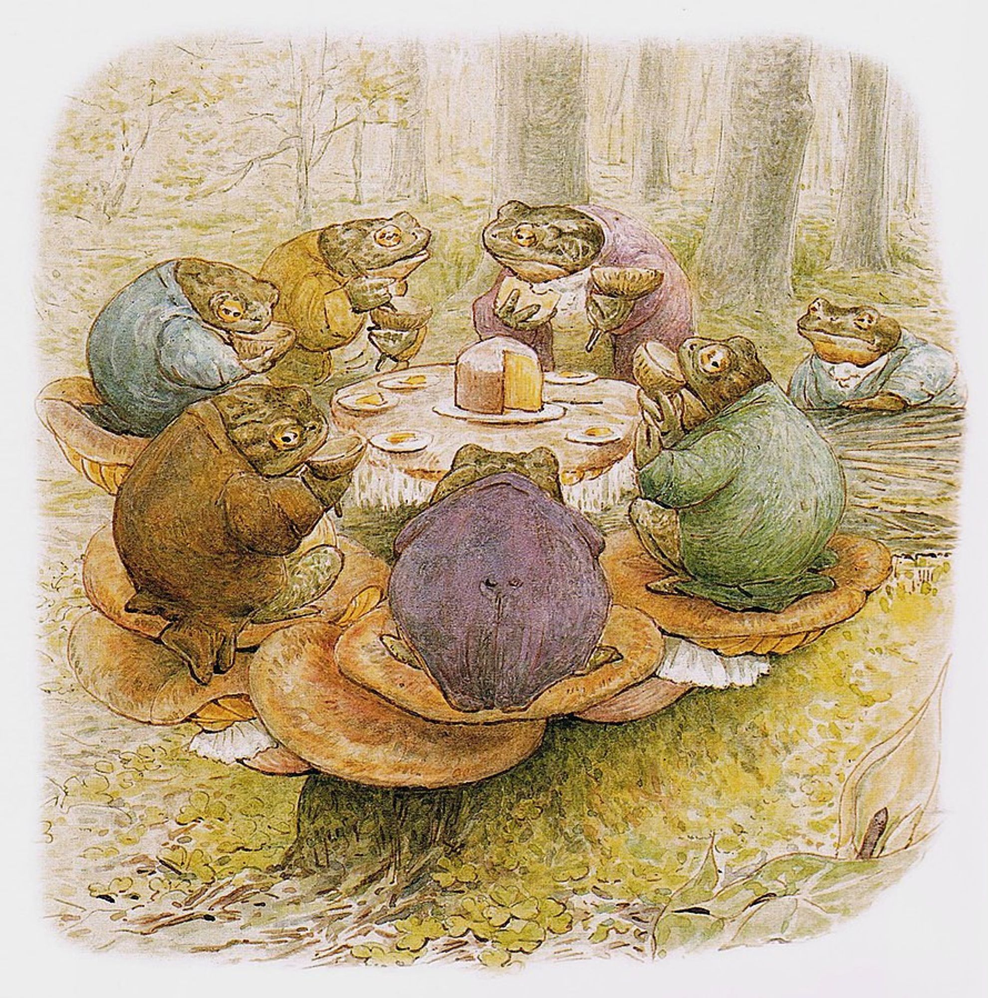 Artwork by Beatrix Potter - 'Toads Tea-party' c.1905: Seven toads in a forest, wearing pastel-colored swallow-tail jackets, sitting on mushroom-chairs, gathered around a mushroom-table, sharing a wheel of cheese.