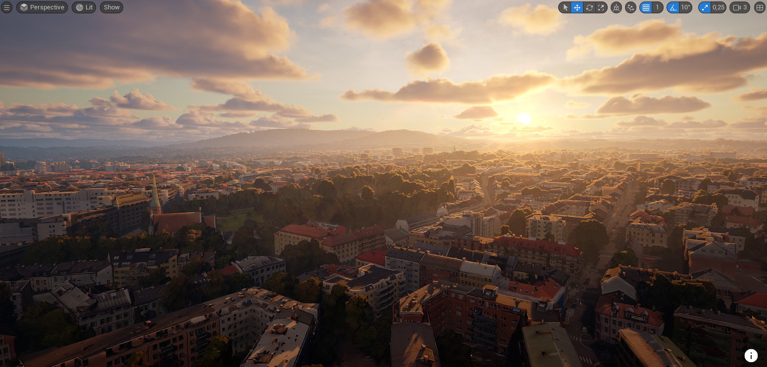 An image from Unreal Engine showing a cityscape in the sunset. 