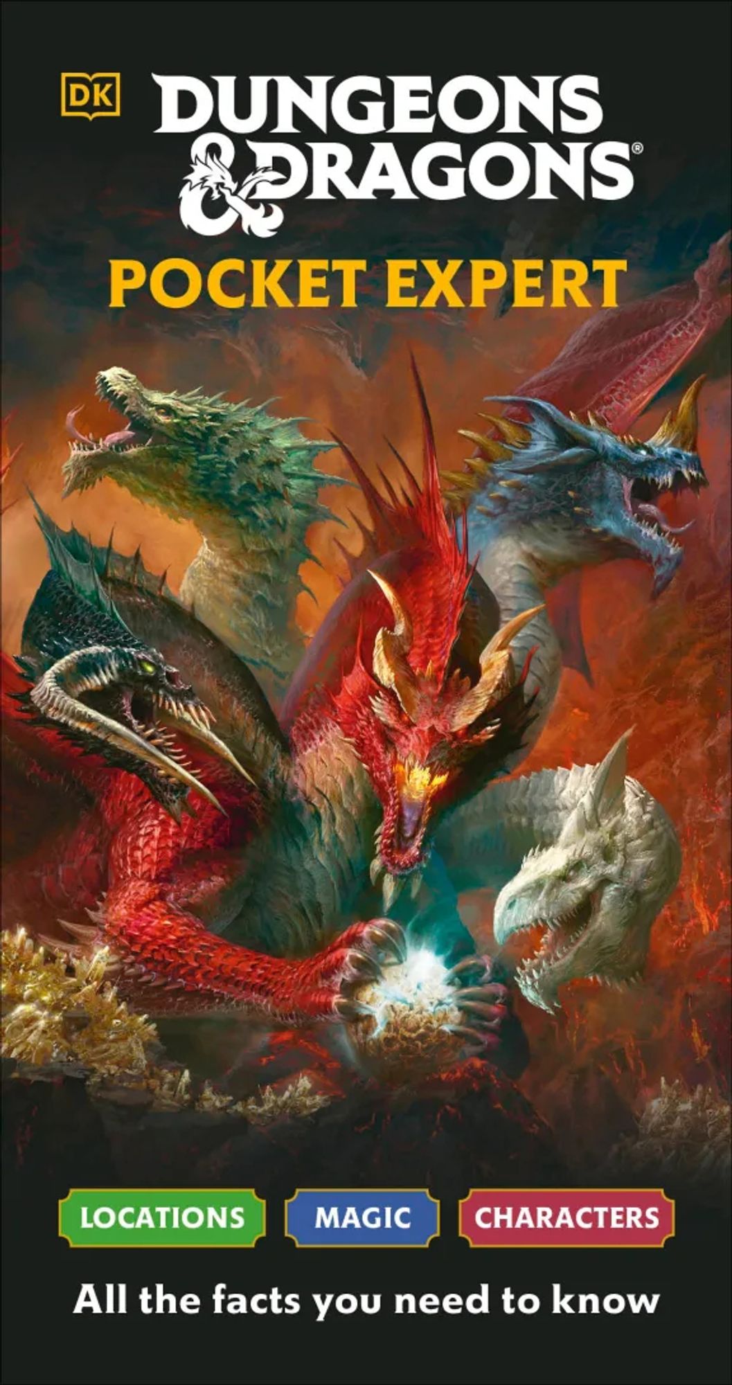 Cover image for DK Publishing "Dungeons & Dragons Pocket Expert" featuring Tiamat, the five-headed dragon queen. The subtitle is "Locations, magic, characters: all the facts you need to know".