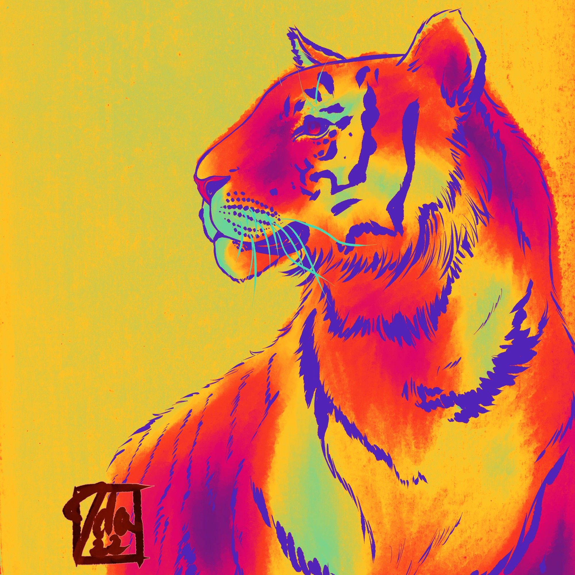 A digital painting of a tiger from the shoulders and up. The tigers head is in profile. I added a rainbow Gradient layer to make it pop. The tiger is mostly pink, red orange, purple and a bit green, while the background is yellow.