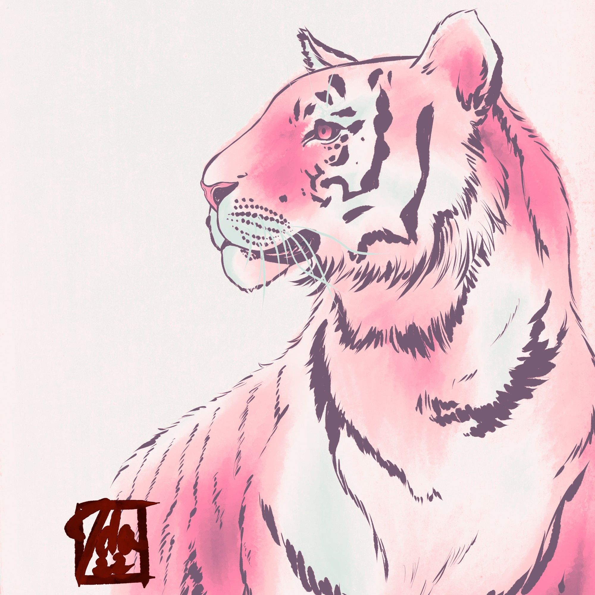 A digital painting of a tiger from the shoulders and up. The tigers head is in profile. I added a pale pink Gradient layer for that soft and demure look.