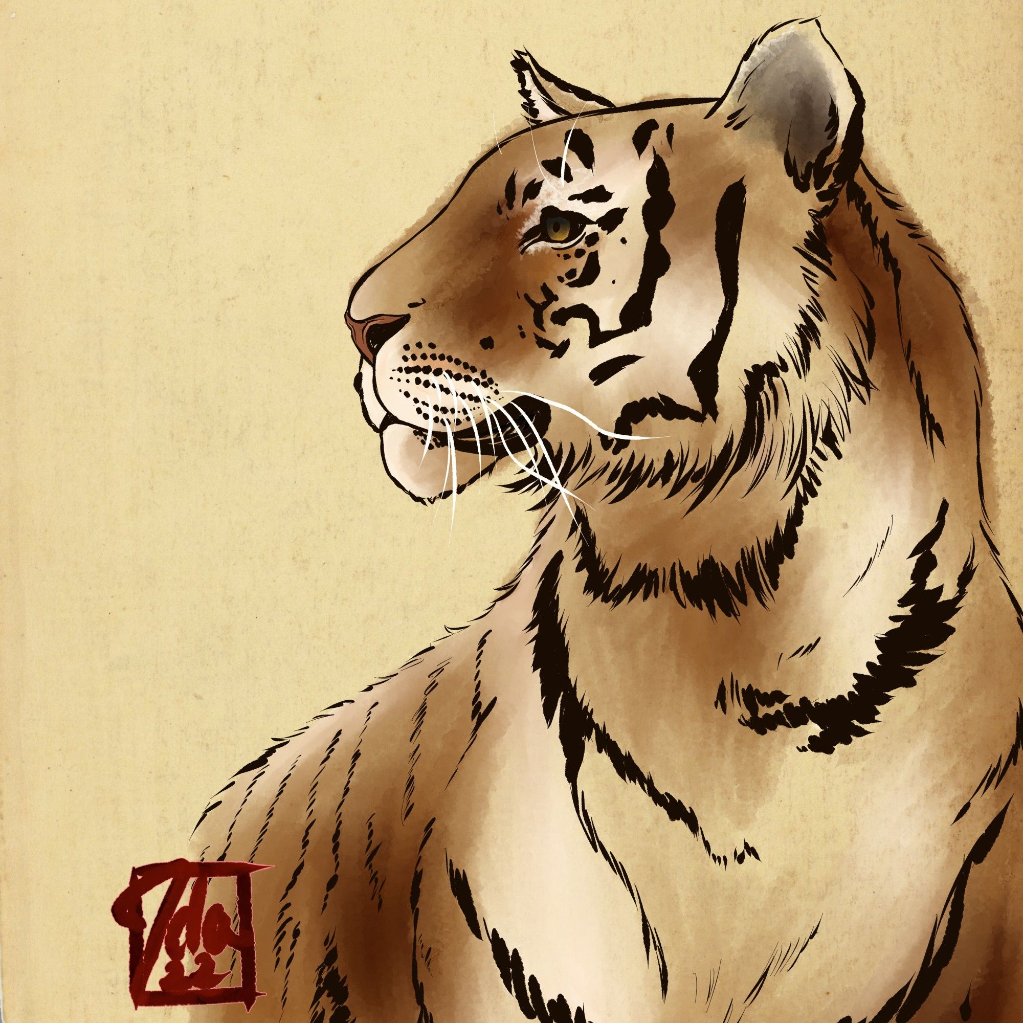 A digital painting of a tiger from the shoulders and up. The tigers head is in profile. I used a warm brown to shade the tiger for a traditional ink look.