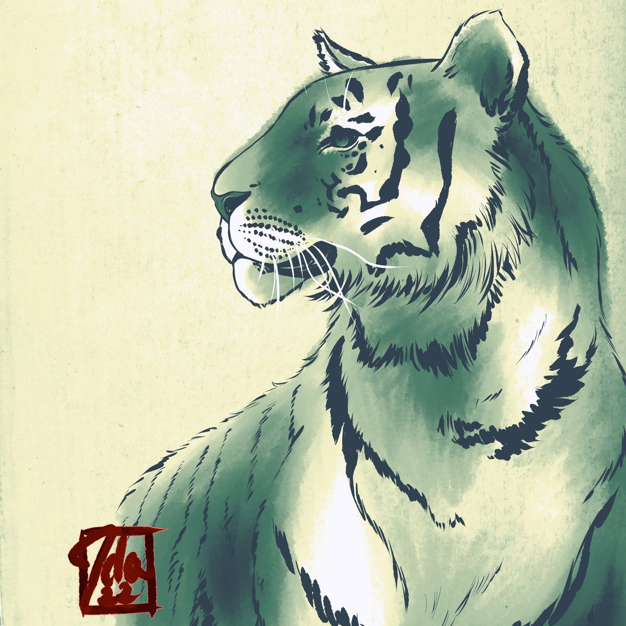 A digital painting of a tiger from the shoulders and up. The tigers head is in profile. I added a pale green Gradient layer for that surreal yet natural look.