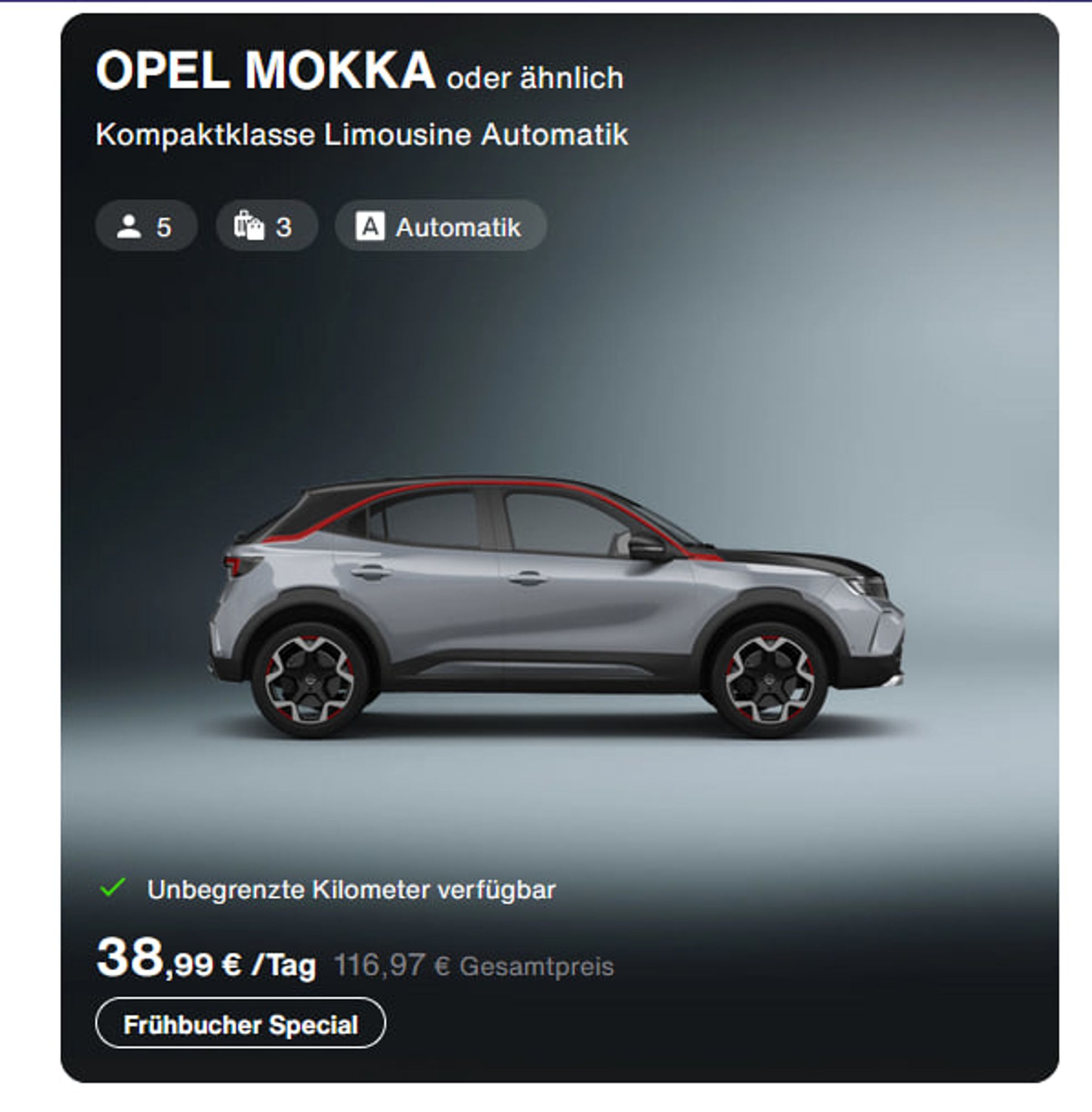 Angebot von Sixt für den gleichen Zeitraum:

Opel Mokka oder ähnlich, Kompaktklasse Limousine Automatik


116,97 Euro Gesamtpreis.

zzgl. Benzinkosten für die Reise von 1200km.