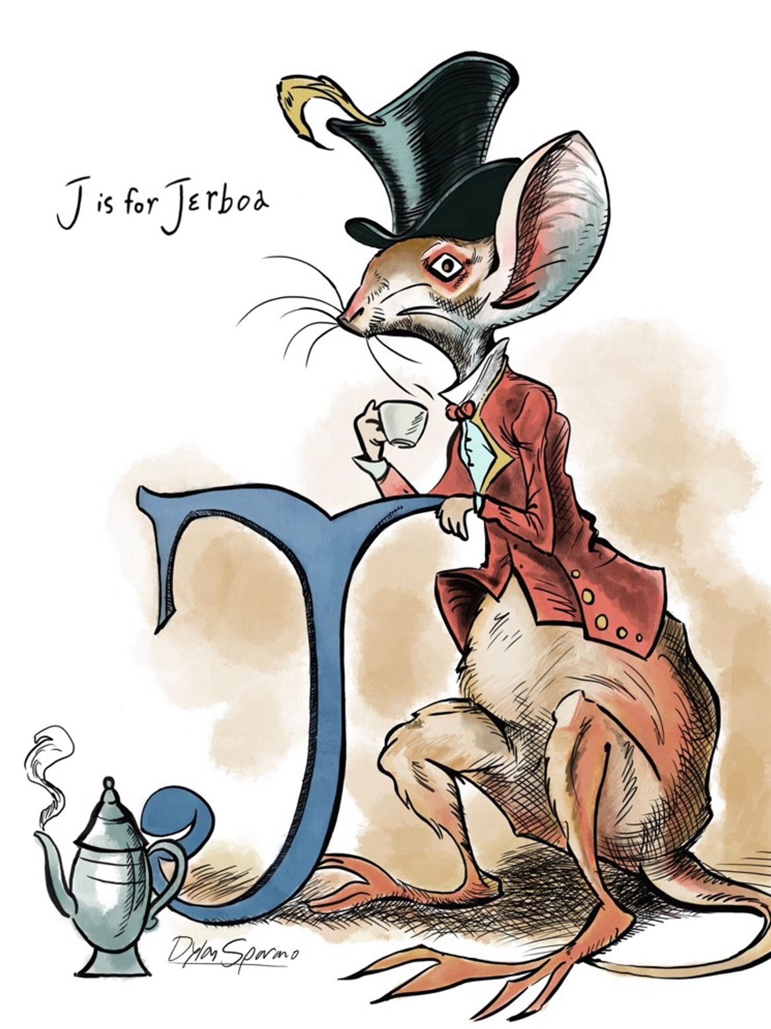 Comicstyle digital drawing of an Jerboa (a mouselike creature with kangaroo-legs) dressed in an oldfashioned Victorian way with black chapeau claque and burgundy jacket, sipping from a cup of tea.
Text: J is for Jerboa