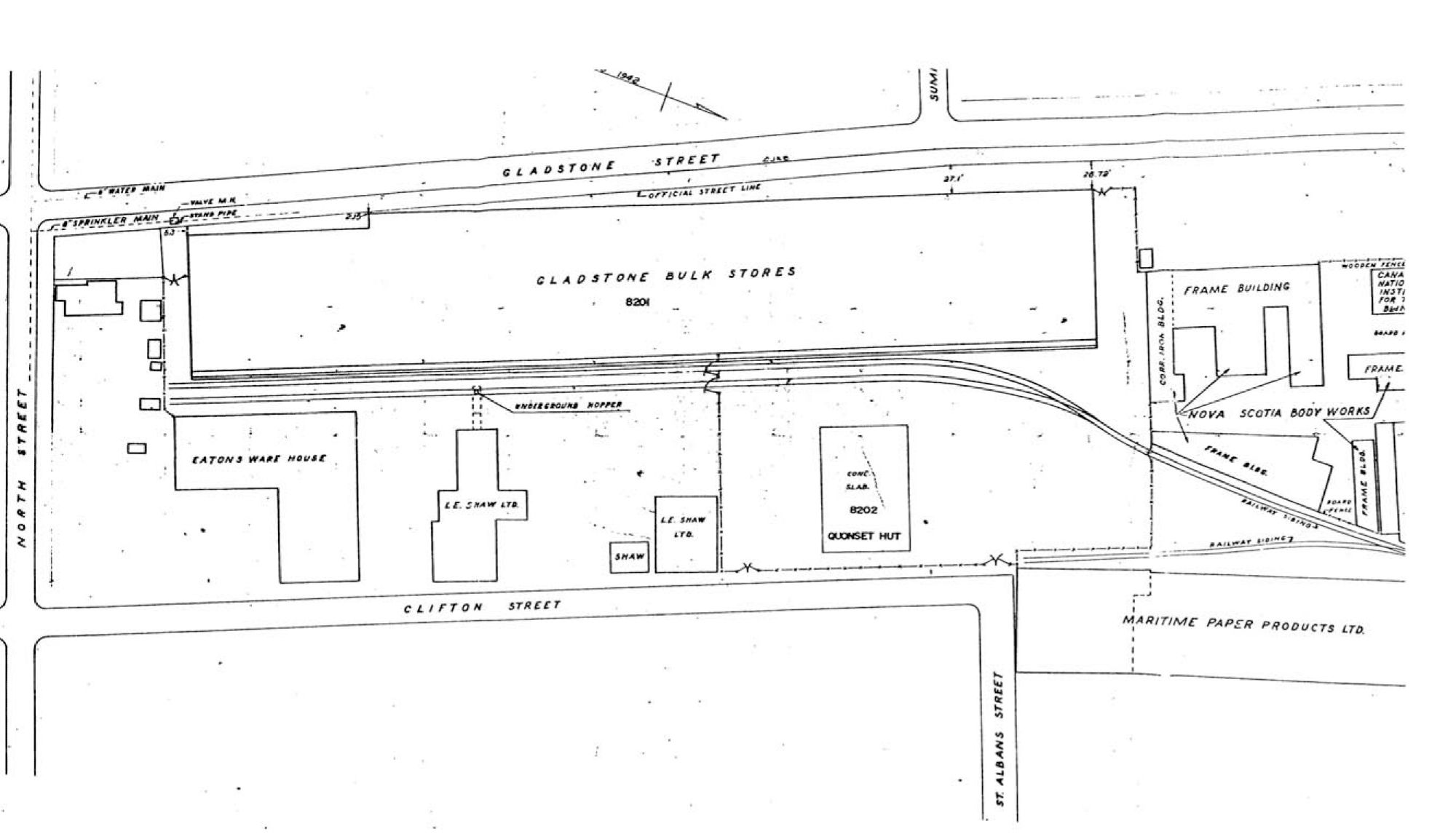 Old plan of the Gladstone Bulk Stores, a long warehouse that was located on Gladstone Street in Halifax, just north of North Street. Behind the warehouse, running the length of the block, is a railway siding.