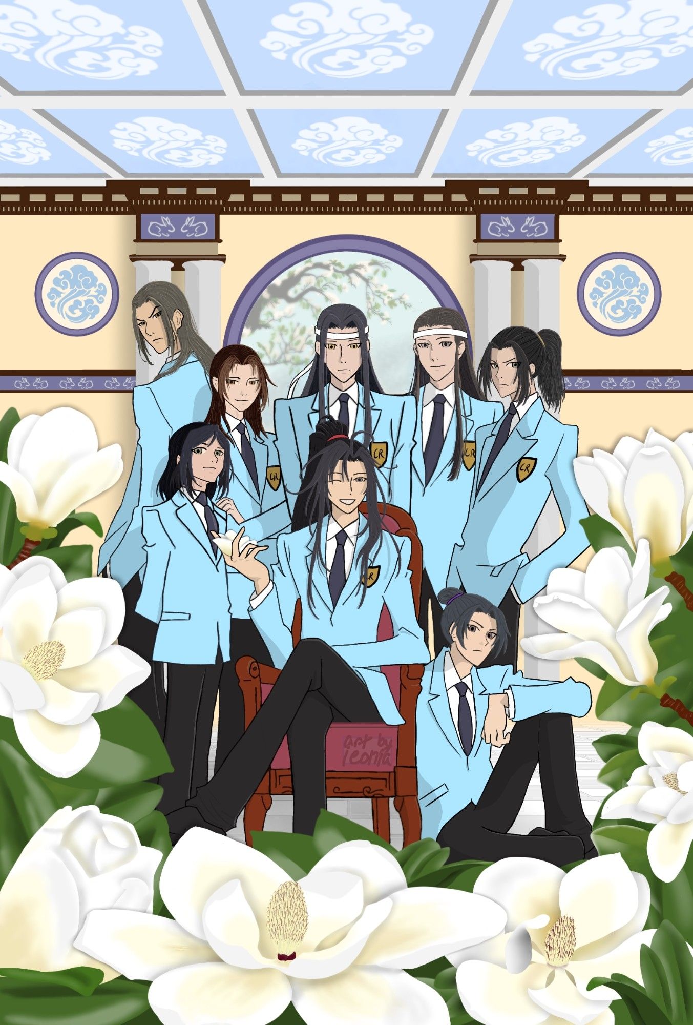 Digital art by artbyieonia of the cast of modao zushi in the combined style from the donghua and Ouran high school host club. Standing (from left to right) are Nie Mingjue, Nie Huaisang, Meng Yao/Jin Guangyao, Lan Wangji, Lan Xichen, and Jin Zixuan. Wei Wuxian is sitting in a chair and winking while Jiang Wanyin is sitting on the floor. They are in light blue suit jackets with black pants in an airy hall with gusu lan cloud decor. White magnolia blooms and leaves are in the foreground.