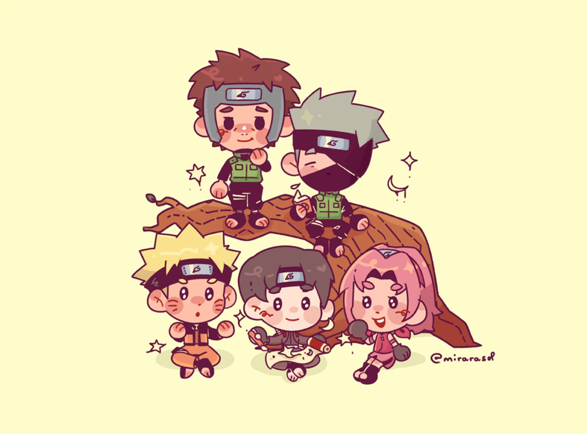 Sai making stars like drawing come to life and Sakura and Naruto looking impressed. Above them is Yamato and Kakashi looking fondly.