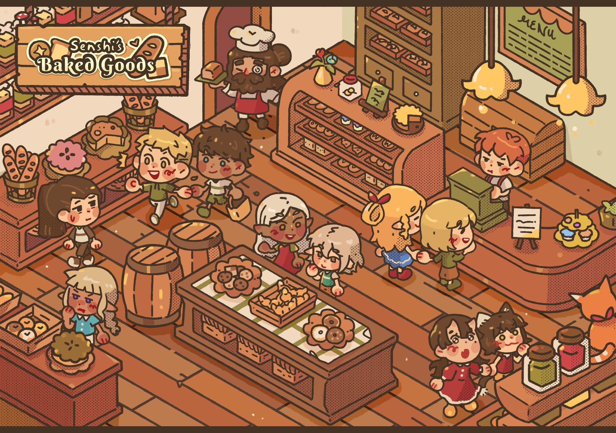 Description is from Top to bottom, left to right: 
At the top is Senshi is holding a bread. At the counter is Chilchuck at the counter. Marcille and Falin are ordering while holding hands. Kabru is holding hands with an excited Laois who is waving at a confused Shiro. At the middle is Cithis talking to Mithrun. And at the corner right corner is Tade and Izutsumi looking at a cat on the top most shelf. And the bottom part of the piece is Thistle looking hungrily at one of the baked goods.