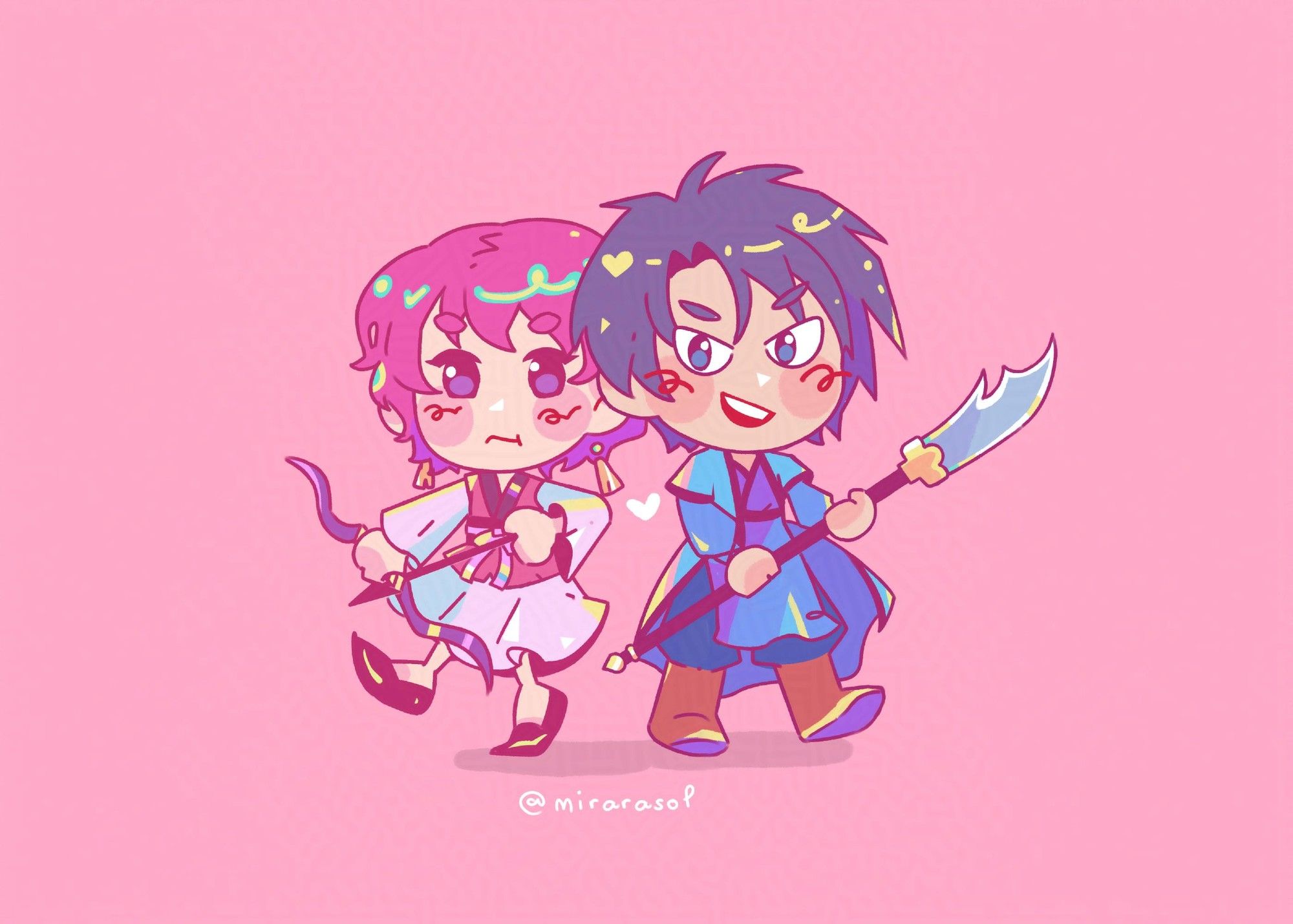 Yona holding a bow and Hak holding a spear