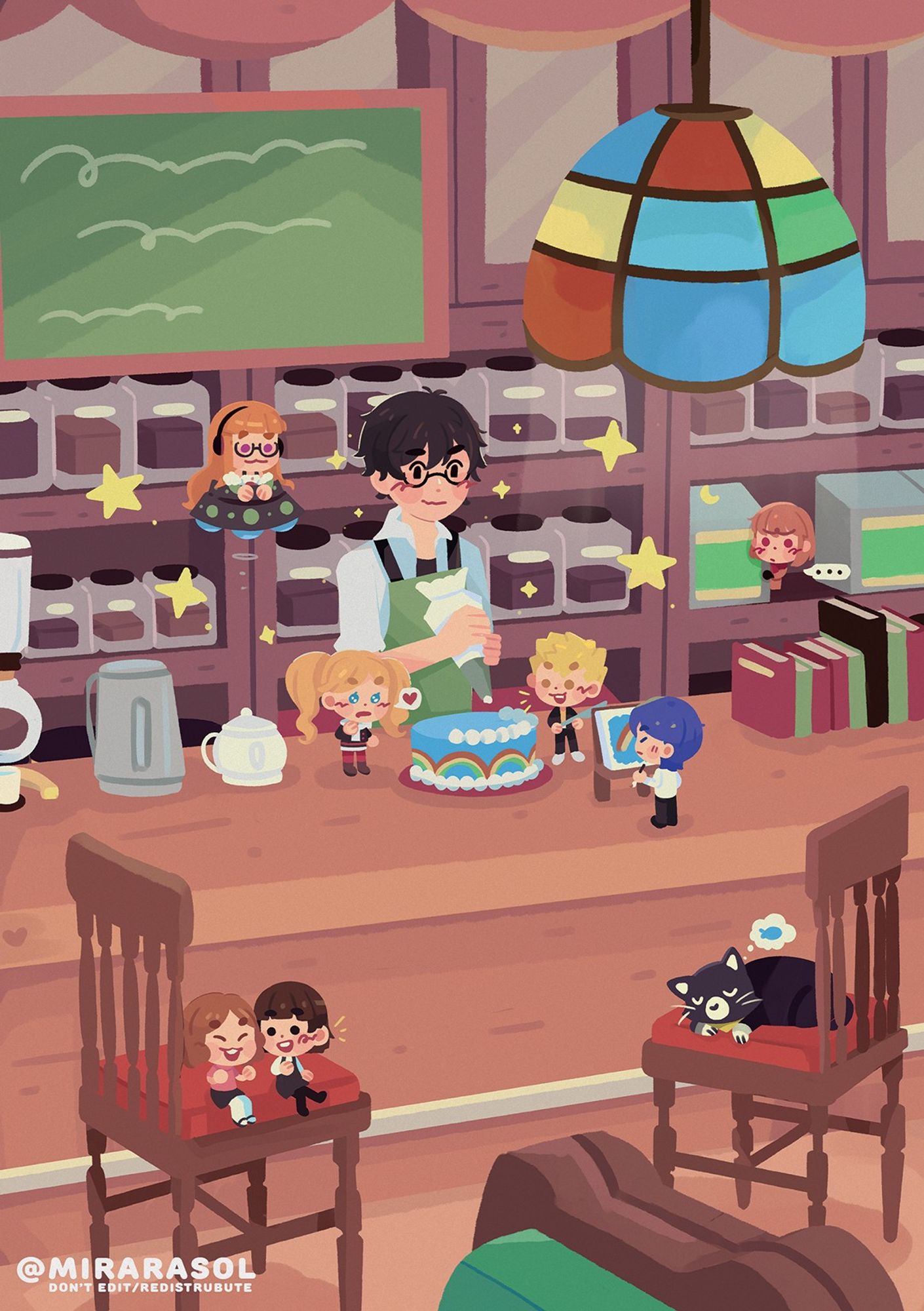 An illustration of Joker with the tiny versions of phantom thieves plus Akechi making cake together. Futaba is on a tiny spaceship observing the whole thing. Ann is looking at the cake hungrily. Ryuji has a knife ready to cut the cake. Yusuke is painting the cake. And there's a tiny Akechi at cabinets at the back taking a peak. On the chairs is Makoto and Haru chating and on the other chair is a Mona taking a nap.