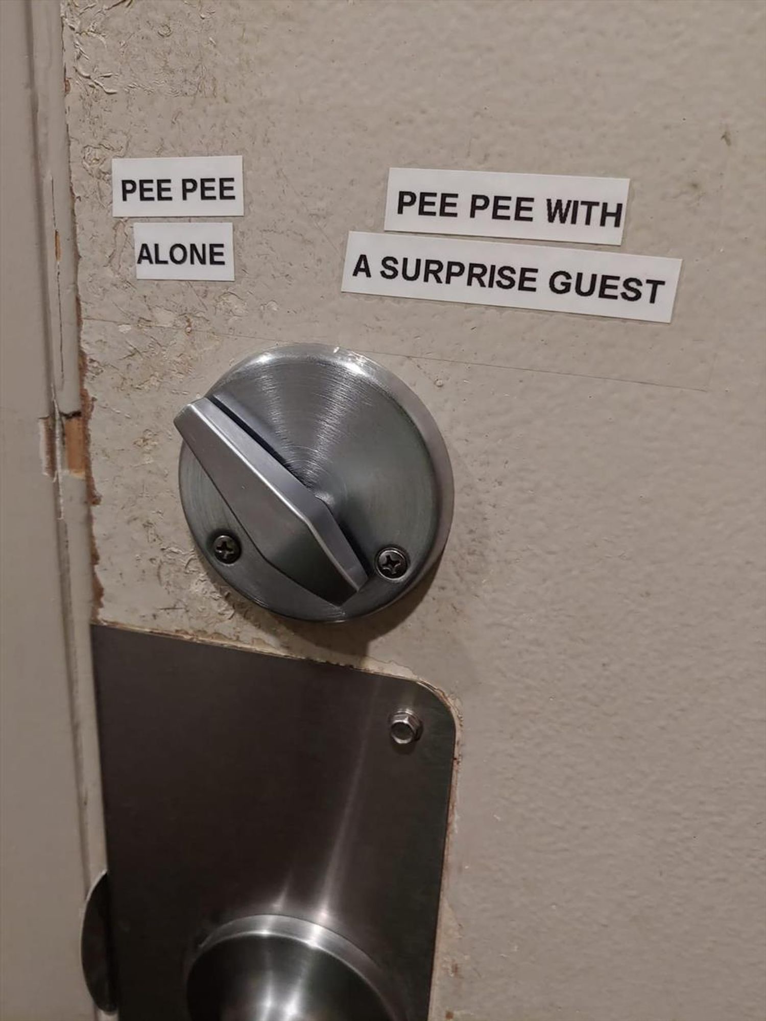 A close-up of a door lock and door handle. There is signage taped above the lock that says, "Pee Pee Alone," if the lock is engaged, and "Pee Pee With A Surprise Guest," if the lock is disengaged.