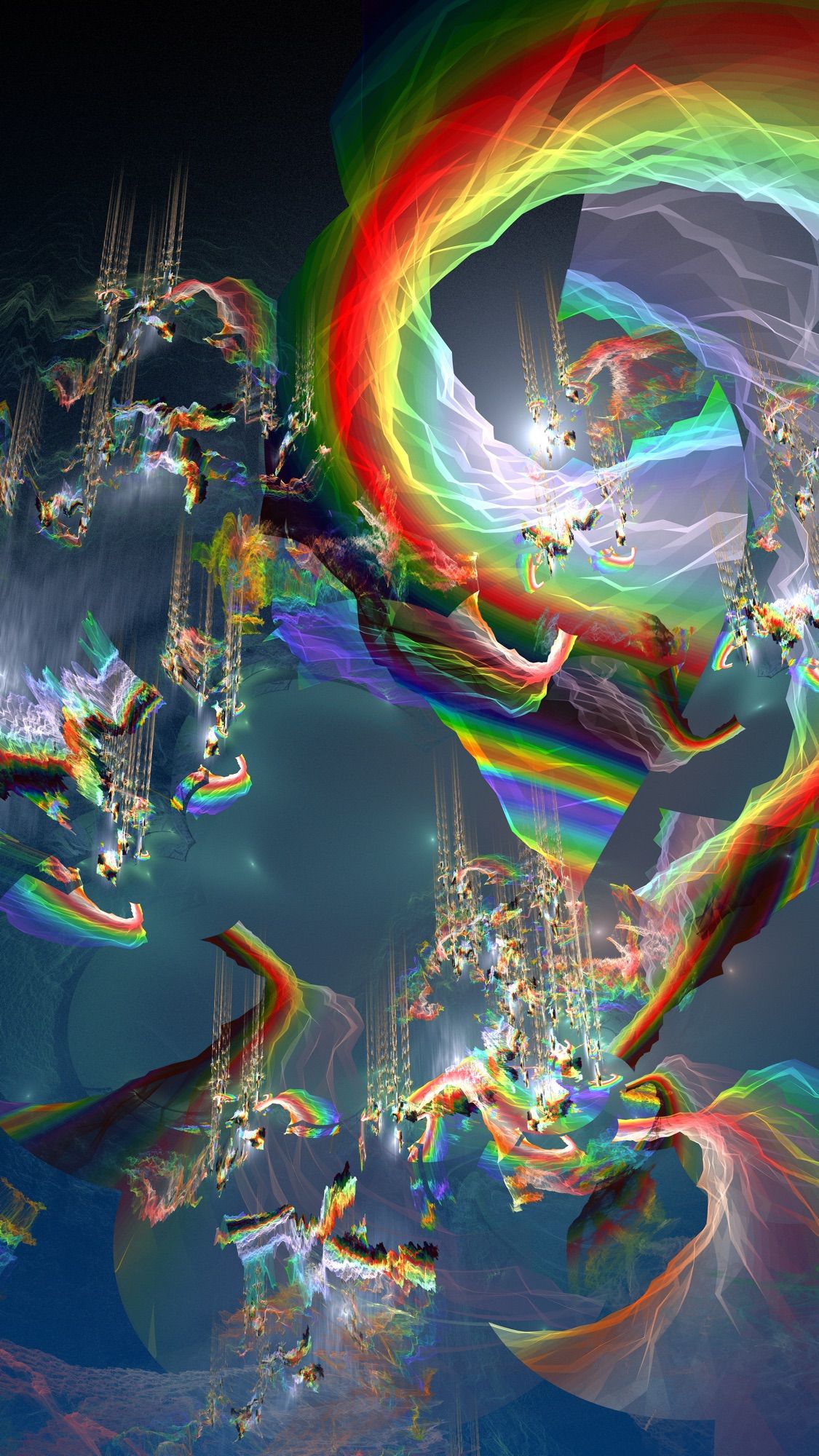 Fractal flame render depicting an intricate and vibrant composition of flowing, translucent ribbons and spectral structures in a spectrum of rainbow colors against a deep, shadowy backdrop. The image features multi-layered, iridescent arches that swoop and curve, interspersed with detailed, crystalline formations resembling futuristic cities or machinery. Each element is meticulously detailed, creating a visual texture that is both chaotic and harmonious. The overall effect is of a dynamic and otherworldly landscape, pulsating with energy and light.