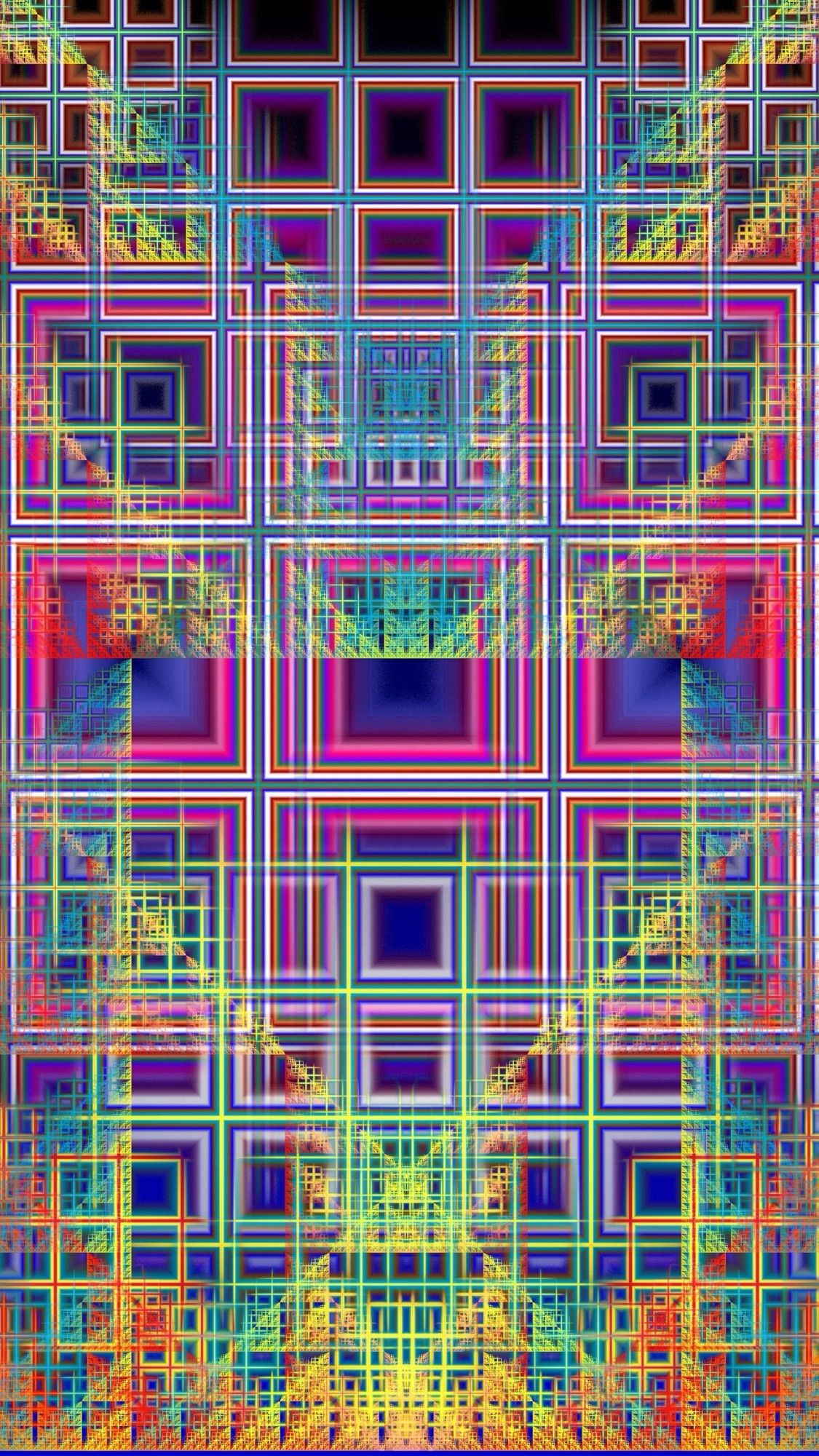 A fractal flame render featuring a complex lattice structure composed of multiple layers of brightly colored squares and rectangles that create a mesmerizing geometric pattern. The squares range in size and are outlined in neon hues of blue, pink, green, and orange, creating a vibrant rainbow effect against the darker background. The intricate overlapping of translucent shapes gives an impression of depth and three-dimensionality, with the central part of the image seeming to glow with a bright, digital luminescence. The overall effect is a visually stimulating grid that appears to pulse and shimmer with energy.