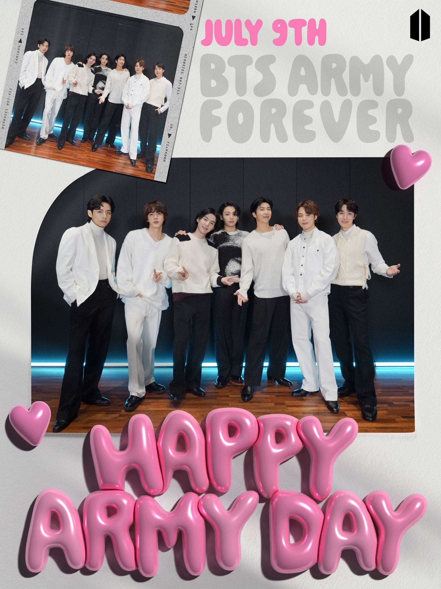 A collage of 2 BTS pics with the words JULY 9TH BTS ARMY FOREVER at the top right and HAPPY ARMY DAY in balloon-like letters at the bottom centre