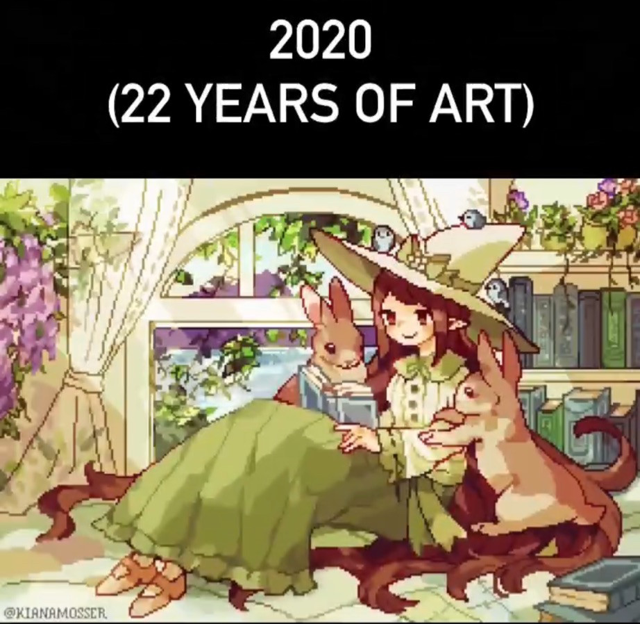 A witch reading a storybook to bunnies and birds inside a cozy cottage. 2020 (22 years of art)